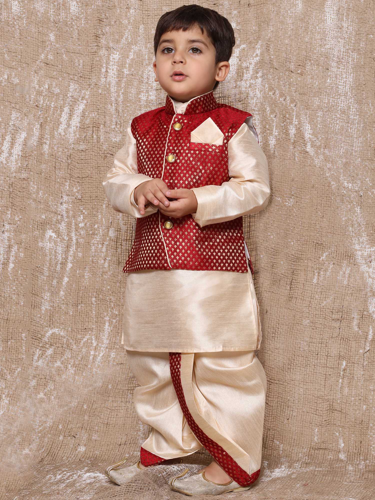 Kids Boys Maroon Solid Raw Silk Dhoti Set - AJ Dezines