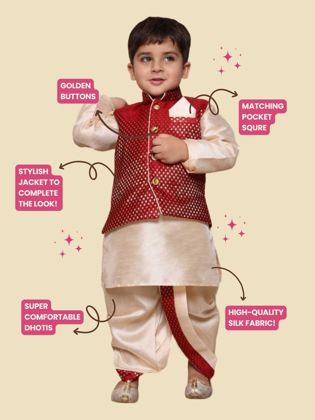 Kids Boys Maroon Solid Raw Silk Dhoti Set - AJ Dezines