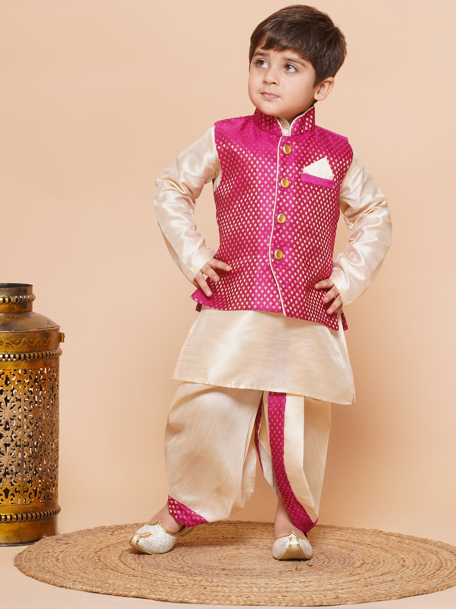 Kids Boys Pink Solid Raw Silk Dhoti Set - AJ Dezines