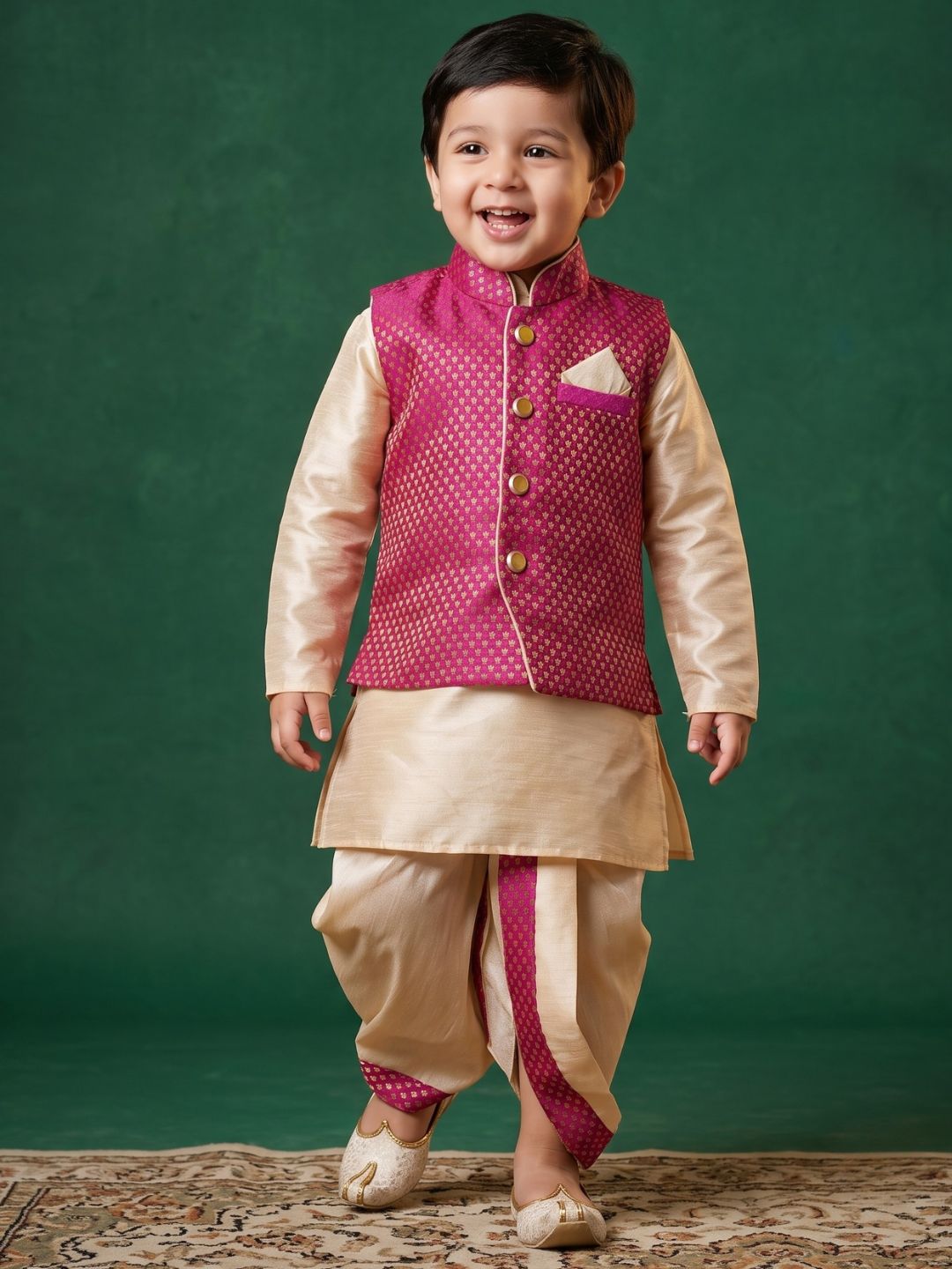 Kids Boys Pink Solid Raw Silk Dhoti Set