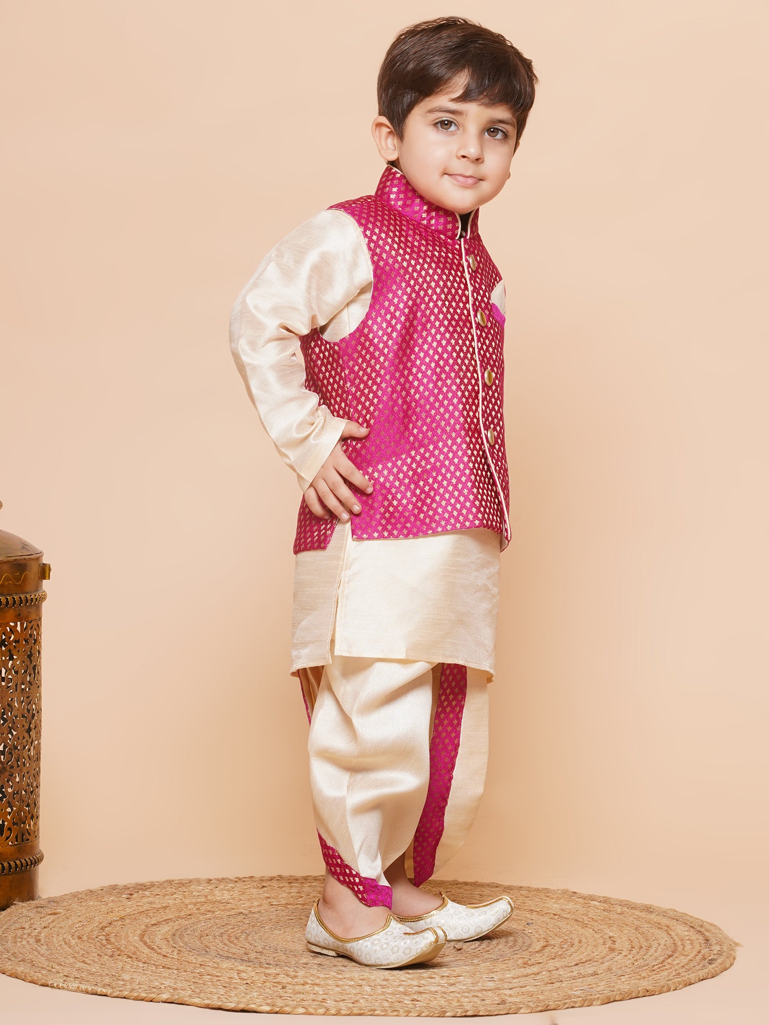 Kids Boys Pink Solid Raw Silk Dhoti Set - AJ Dezines