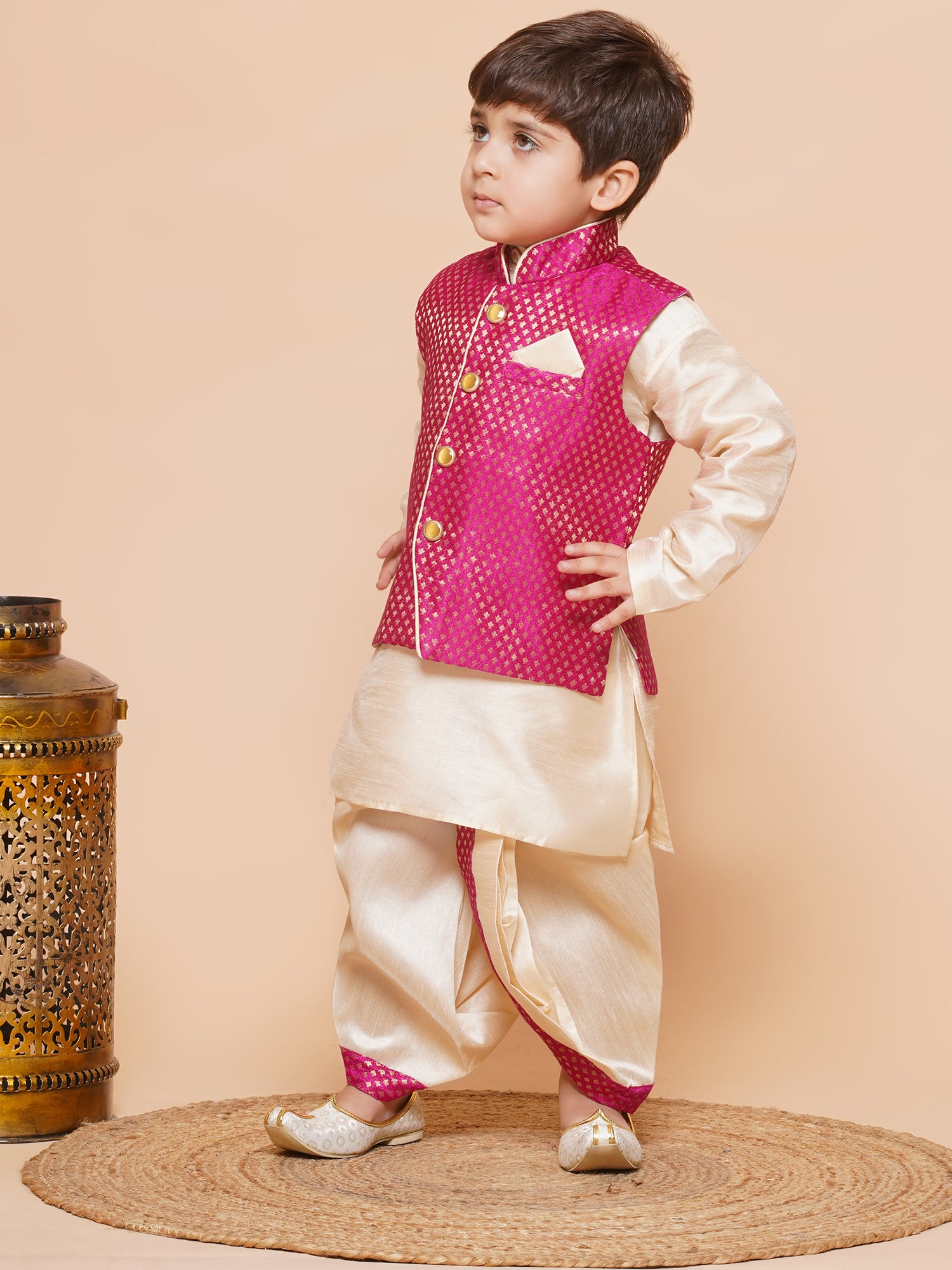 Kids Boys Pink Solid Raw Silk Dhoti Set - AJ Dezines