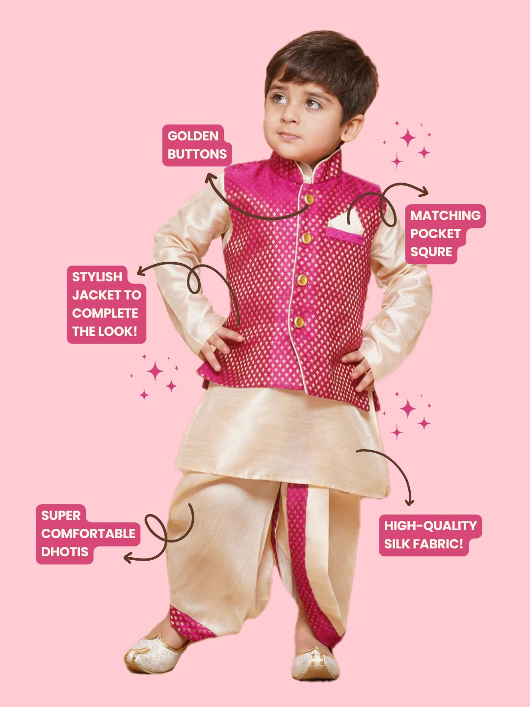 Kids Boys Pink Solid Raw Silk Dhoti Set - AJ Dezines