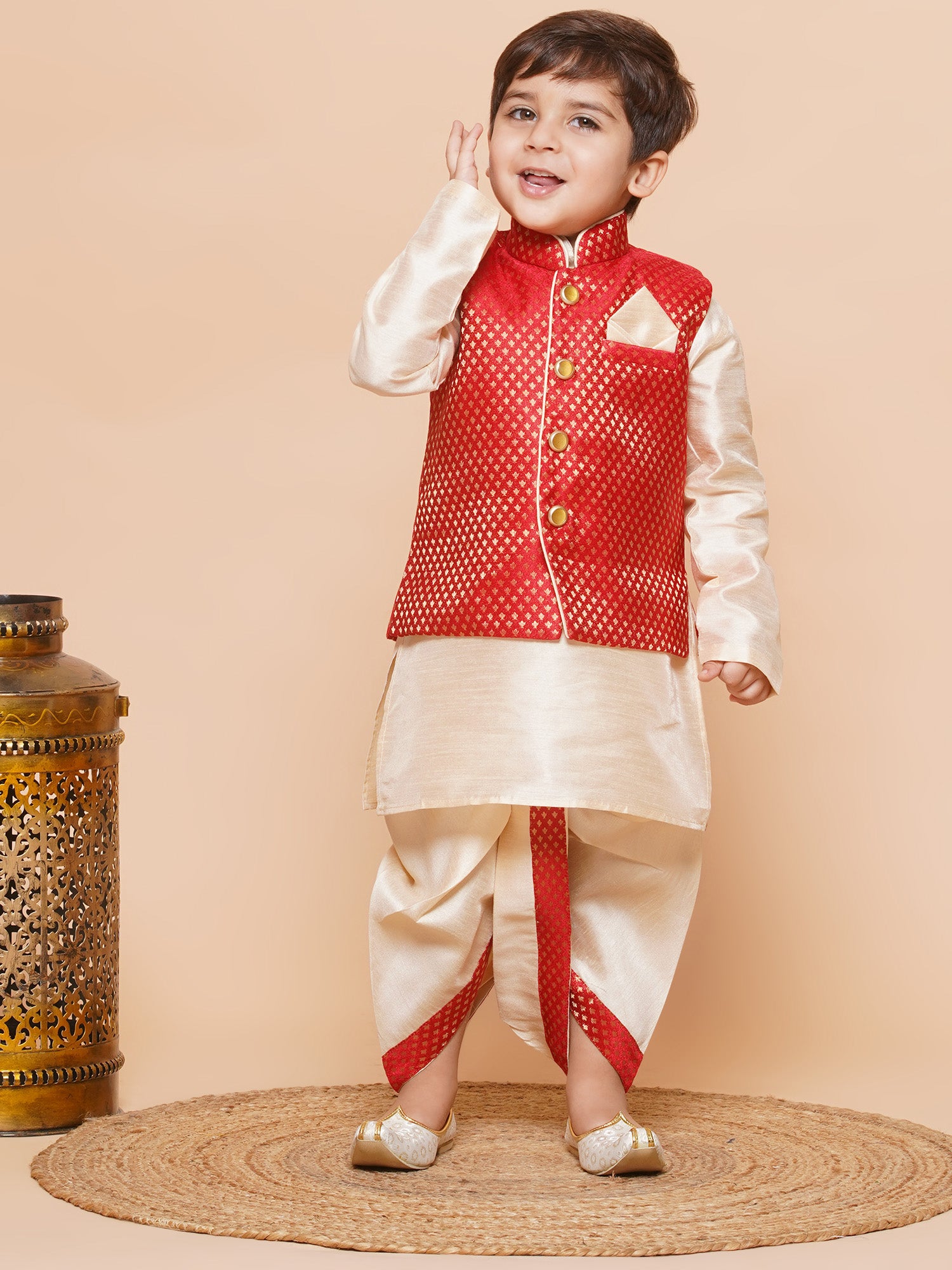 Kids Boys Red Solid Raw Silk Dhoti Set - AJ Dezines