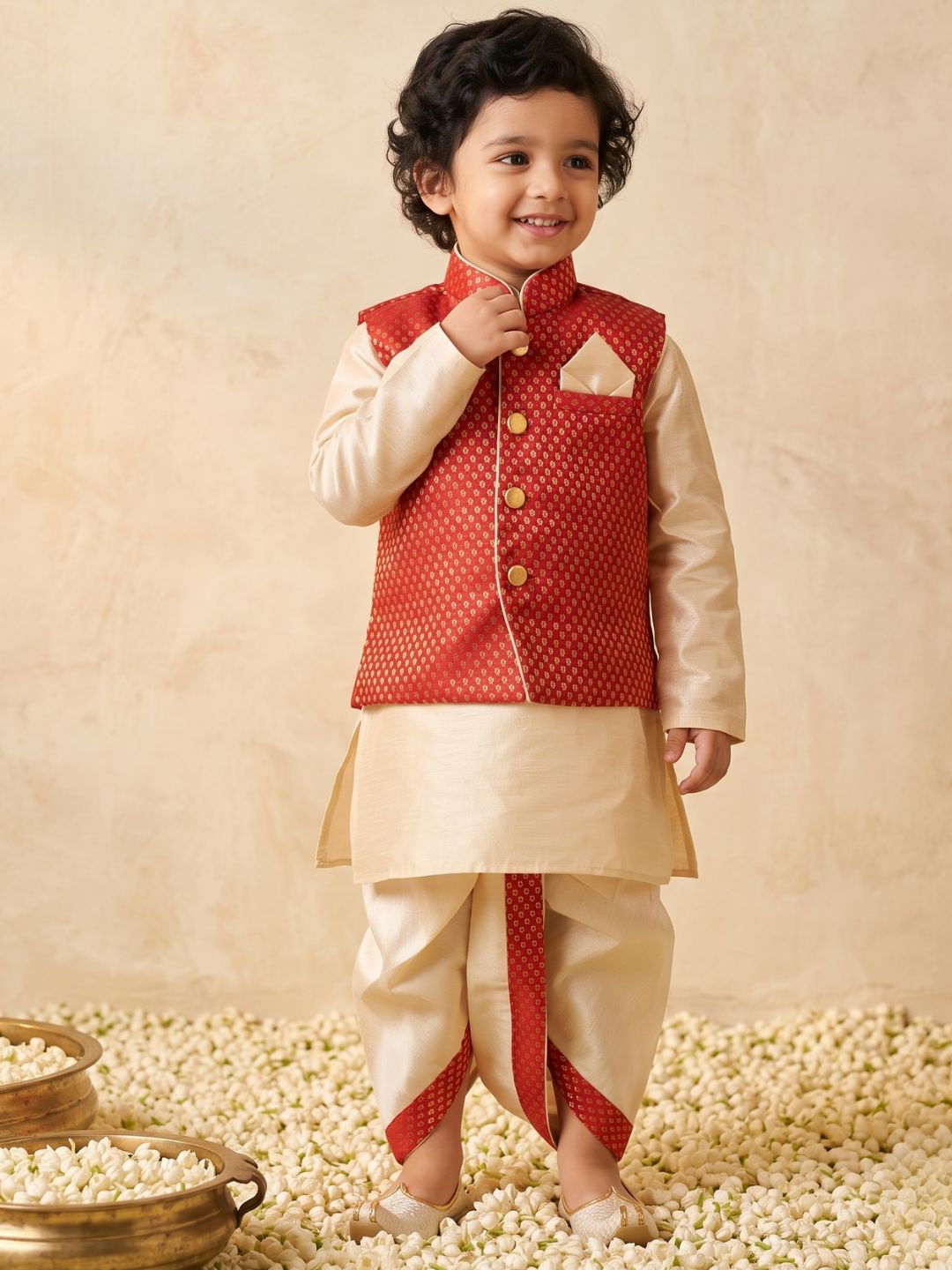 Kids Boys Red Solid Raw Silk Dhoti Set