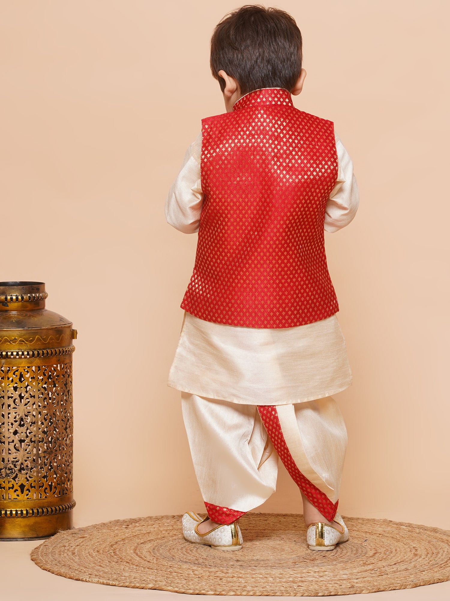 Kids Boys Red Solid Raw Silk Dhoti Set - AJ Dezines