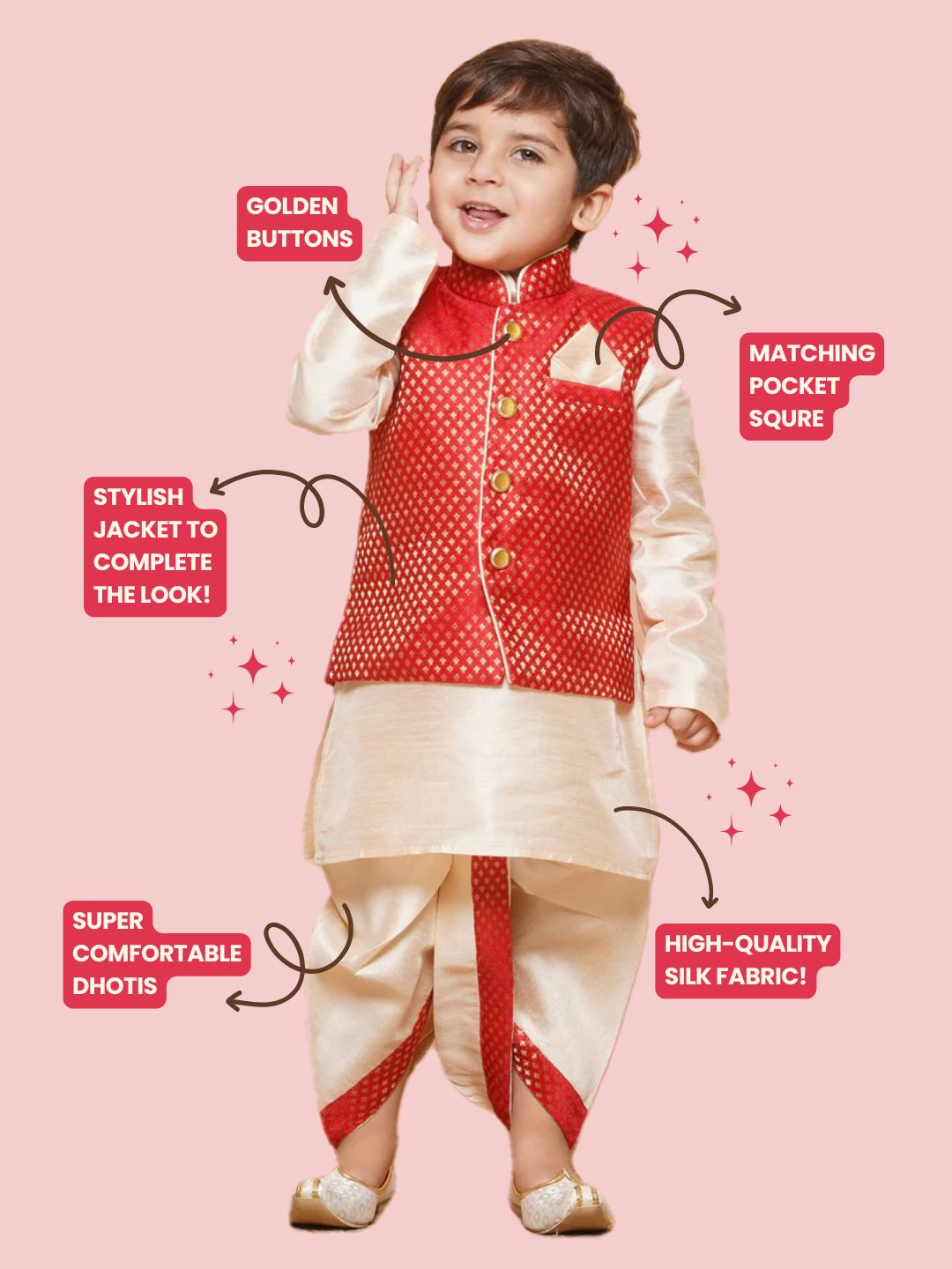 Kids Boys Red Solid Raw Silk Dhoti Set - AJ Dezines