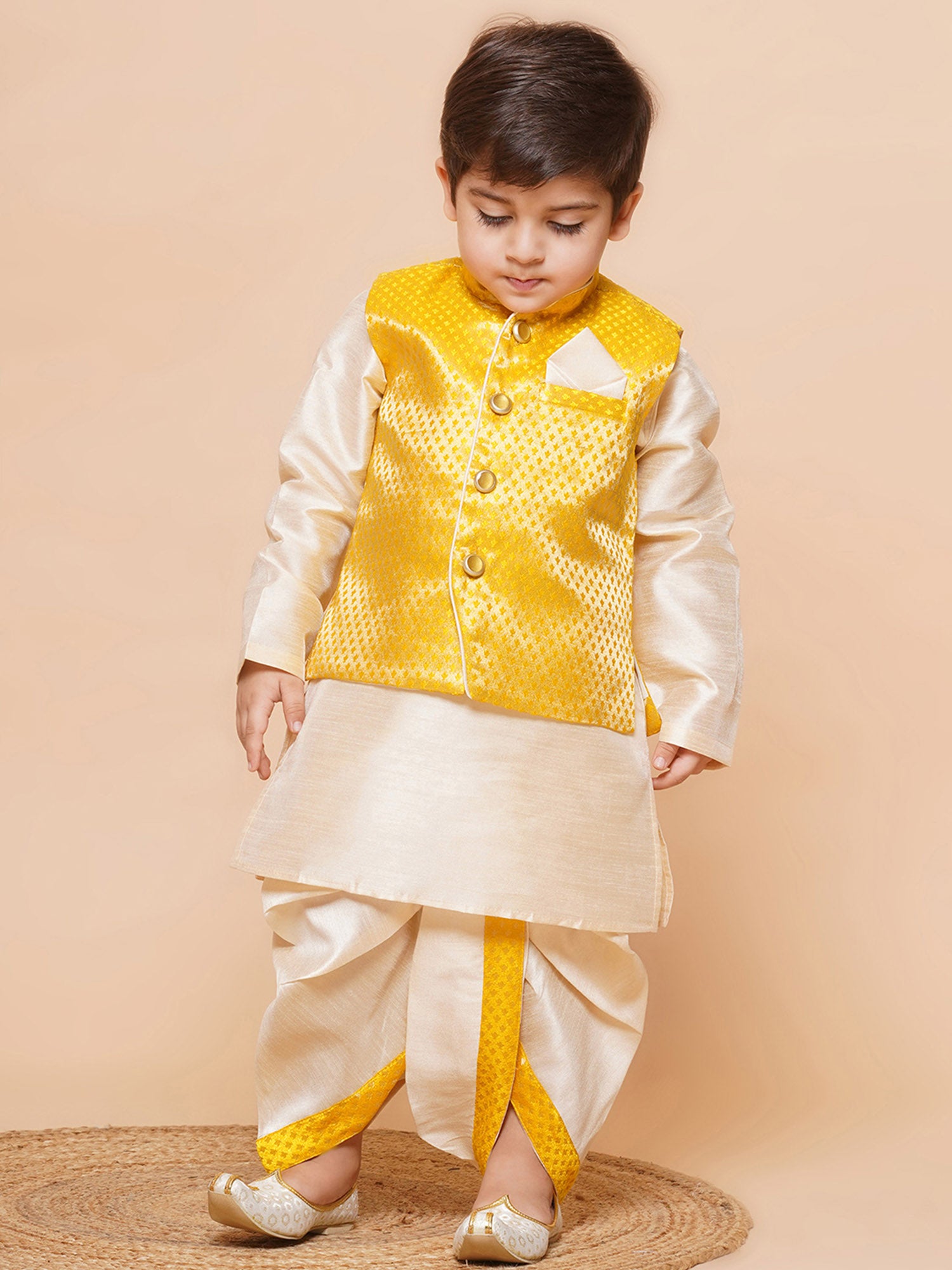 Kids Boys Yellow Solid Raw Silk Dhoti Set - AJ Dezines