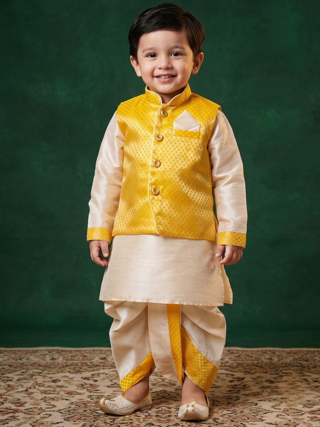 Kids Boys Yellow Solid Raw Silk Dhoti Set