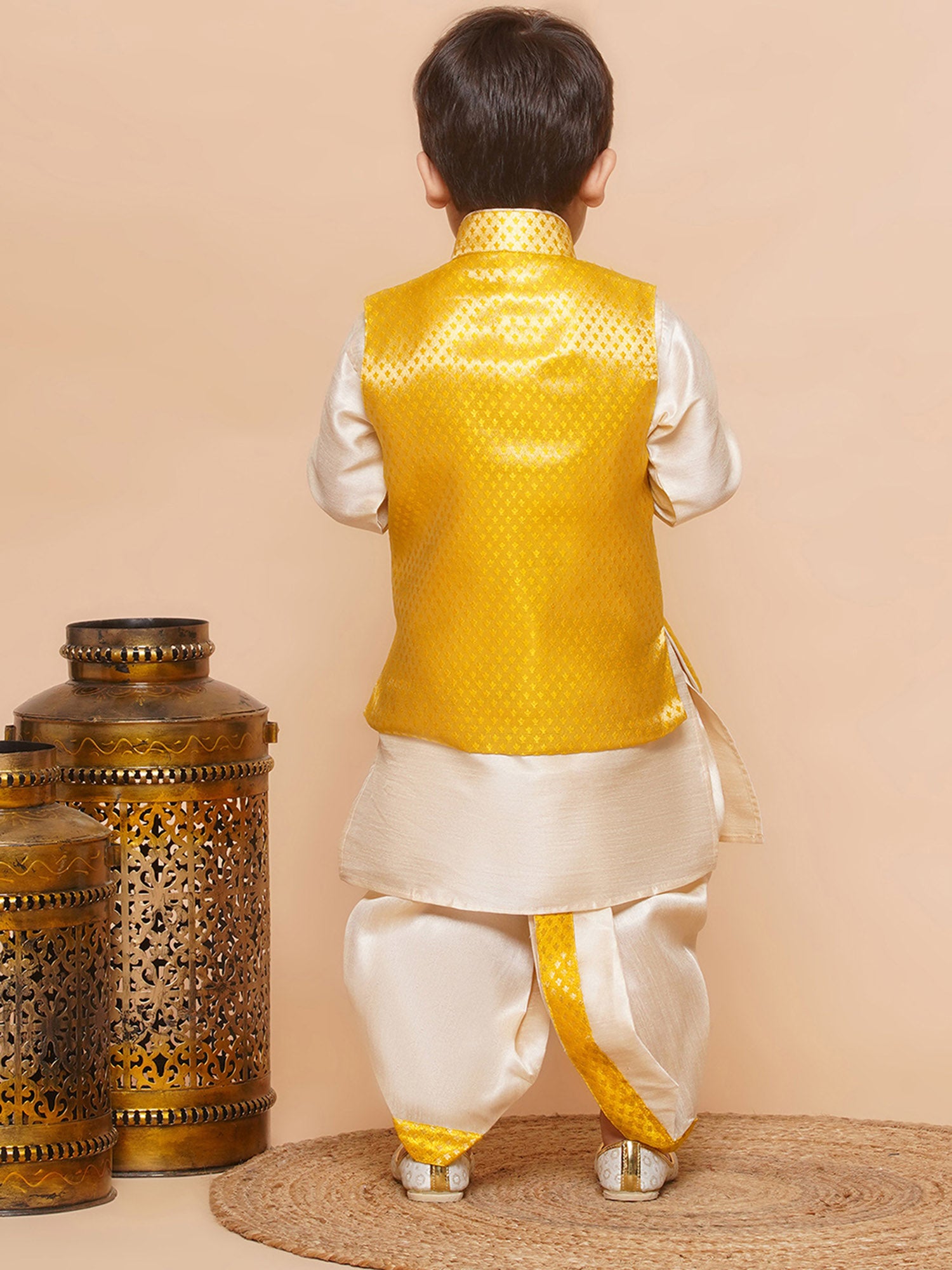 Kids Boys Yellow Solid Raw Silk Dhoti Set - AJ Dezines