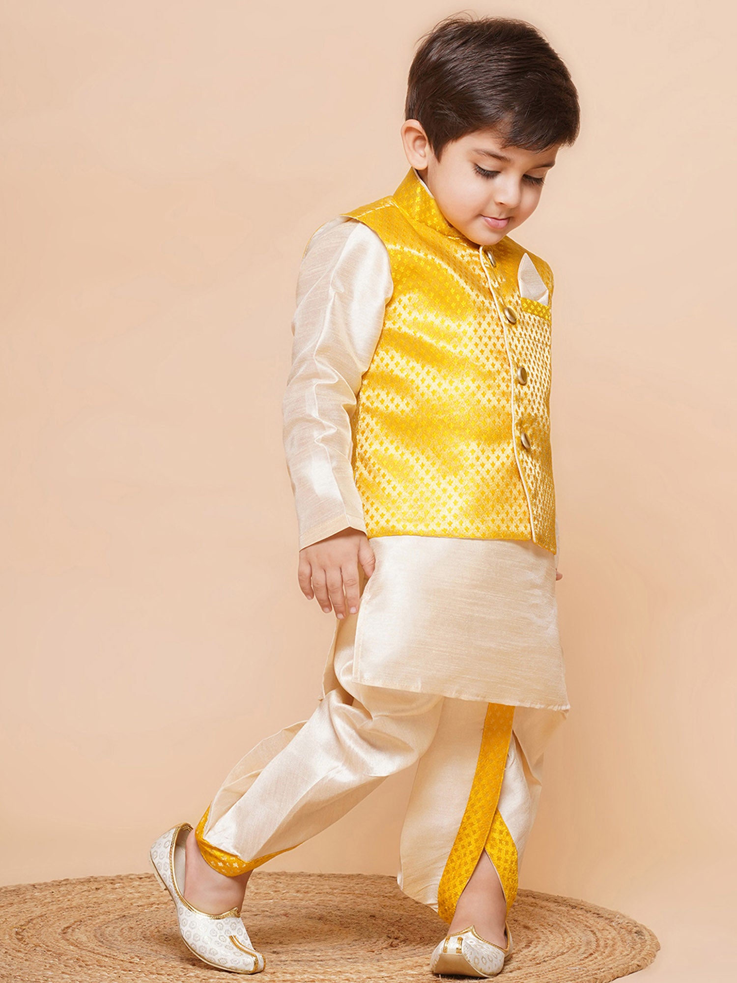 Kids Boys Yellow Solid Raw Silk Dhoti Set - AJ Dezines