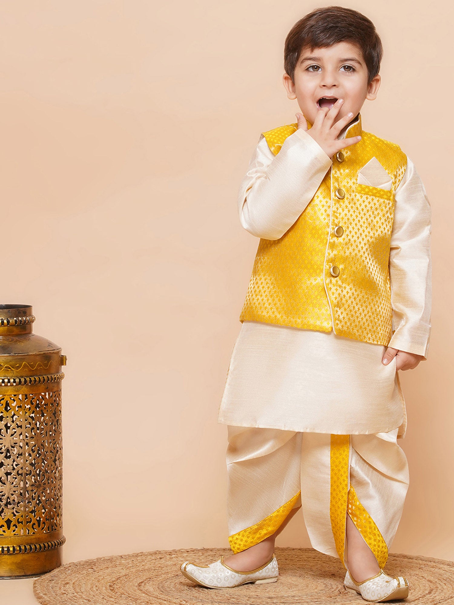 Kids Boys Yellow Solid Raw Silk Dhoti Set - AJ Dezines