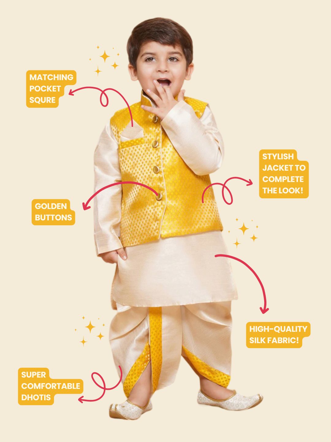 Kids Boys Yellow Solid Raw Silk Dhoti Set - AJ Dezines