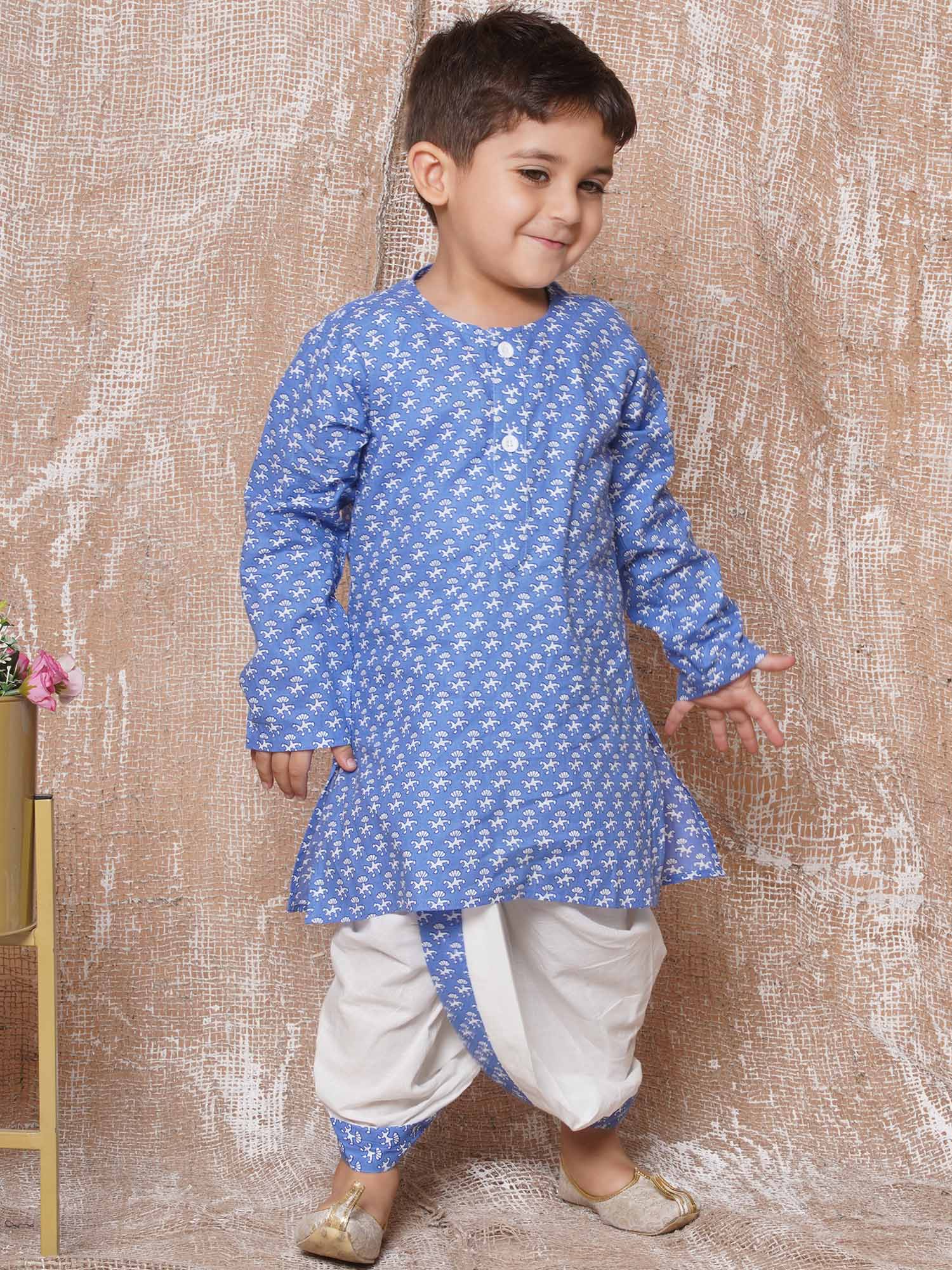 Kids Boys Blue Floral Print Pure Cotton Dhoti Set - AJ Dezines