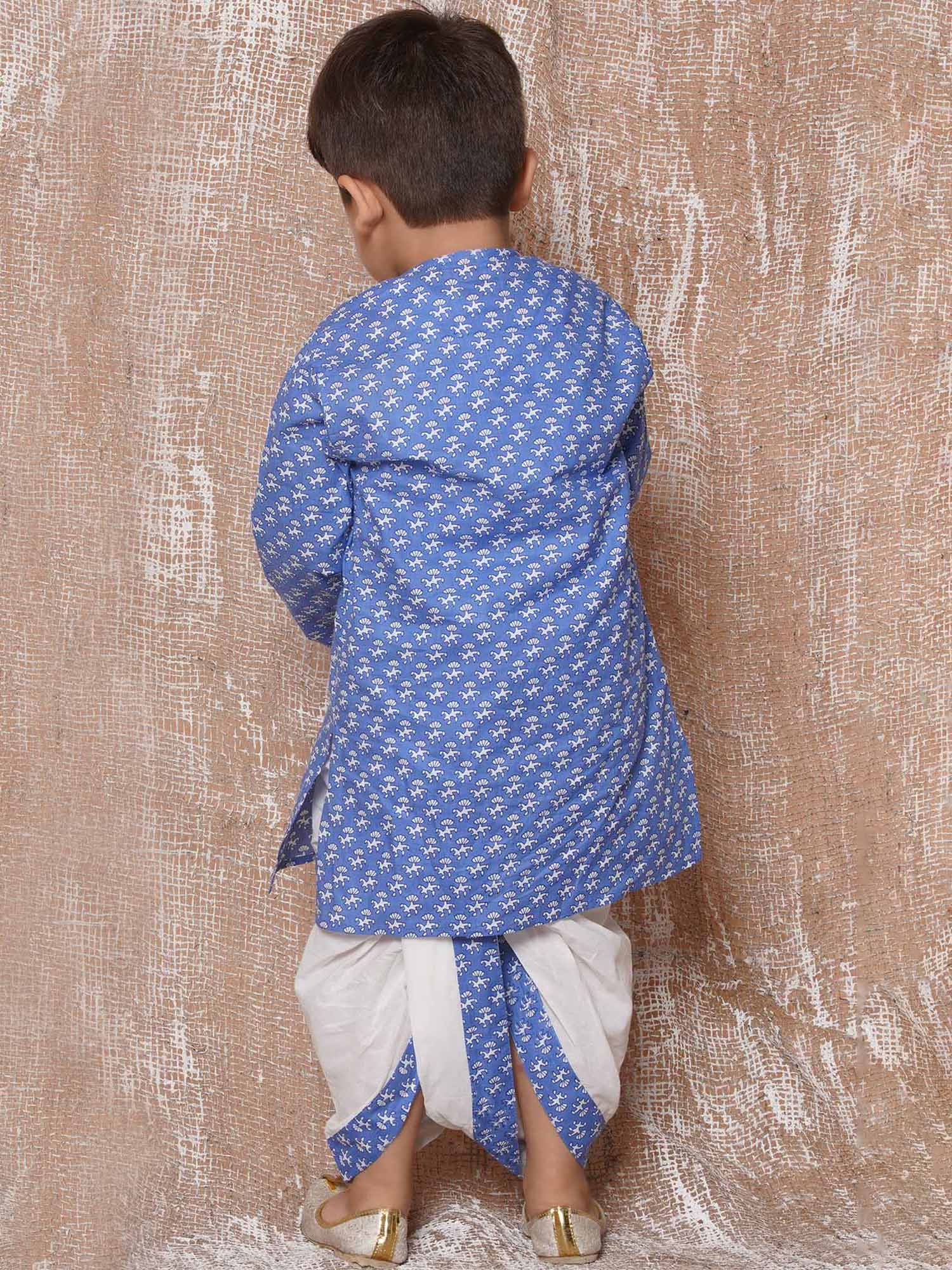 Kids Boys Blue Floral Print Pure Cotton Dhoti Set - AJ Dezines