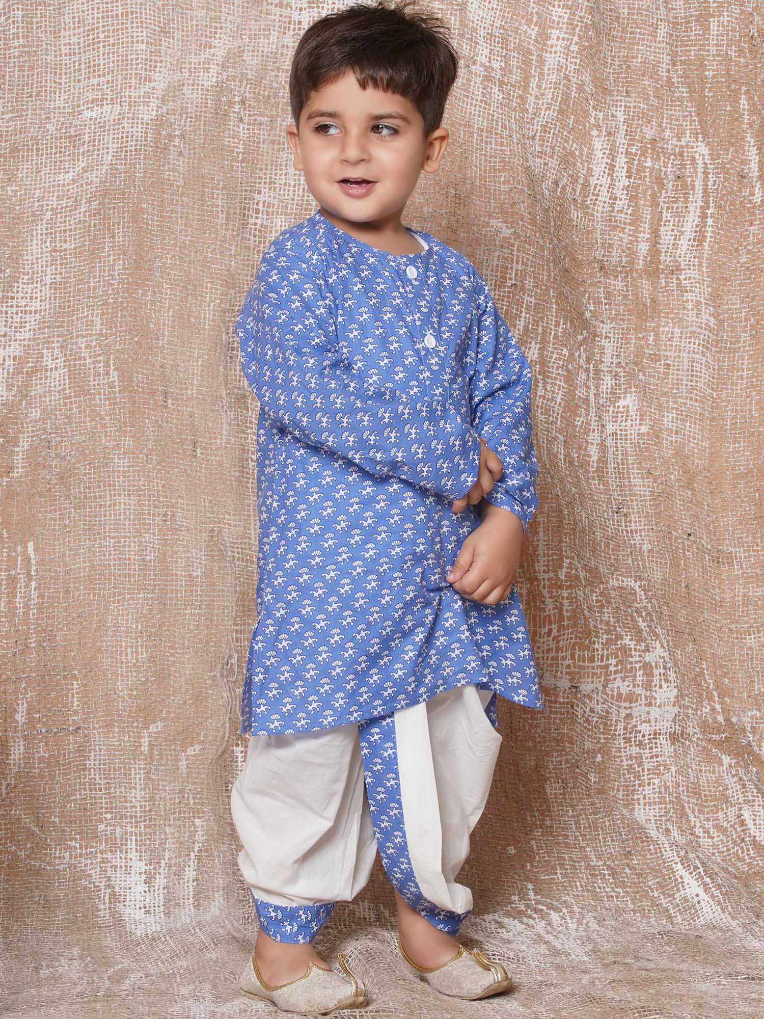 Kids Boys Blue Floral Print Pure Cotton Dhoti Set - AJ Dezines