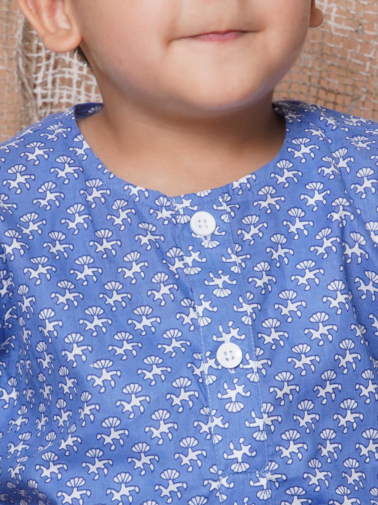 Kids Boys Blue Floral Print Pure Cotton Dhoti Set - AJ Dezines
