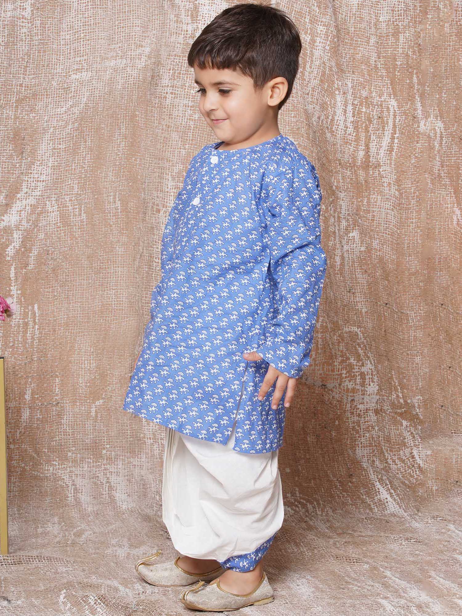 Kids Boys Blue Floral Print Pure Cotton Dhoti Set - AJ Dezines