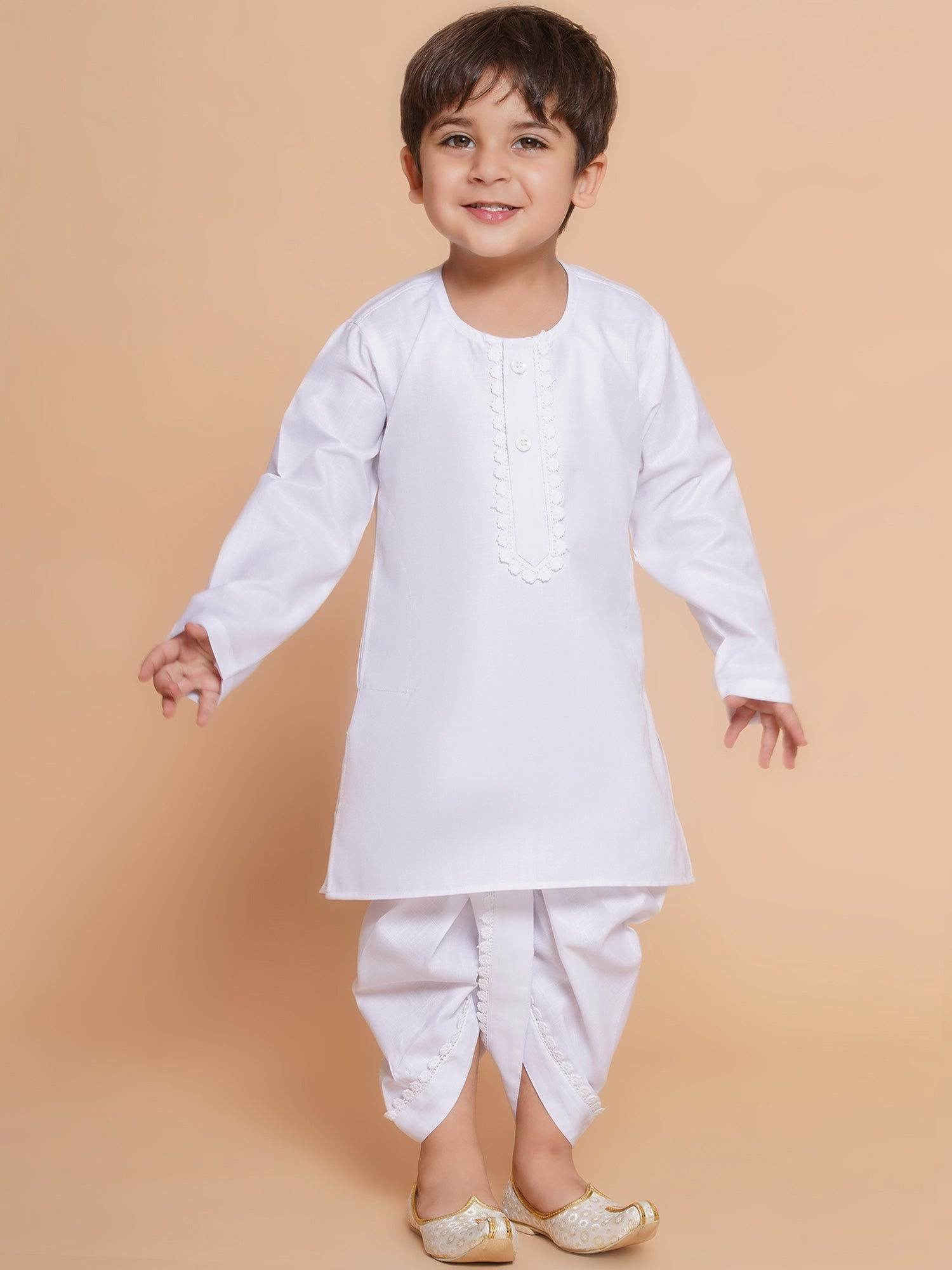 Boys White Solid Pure Cotton Dhoti Kurta Set for Festivals - AJ Dezines