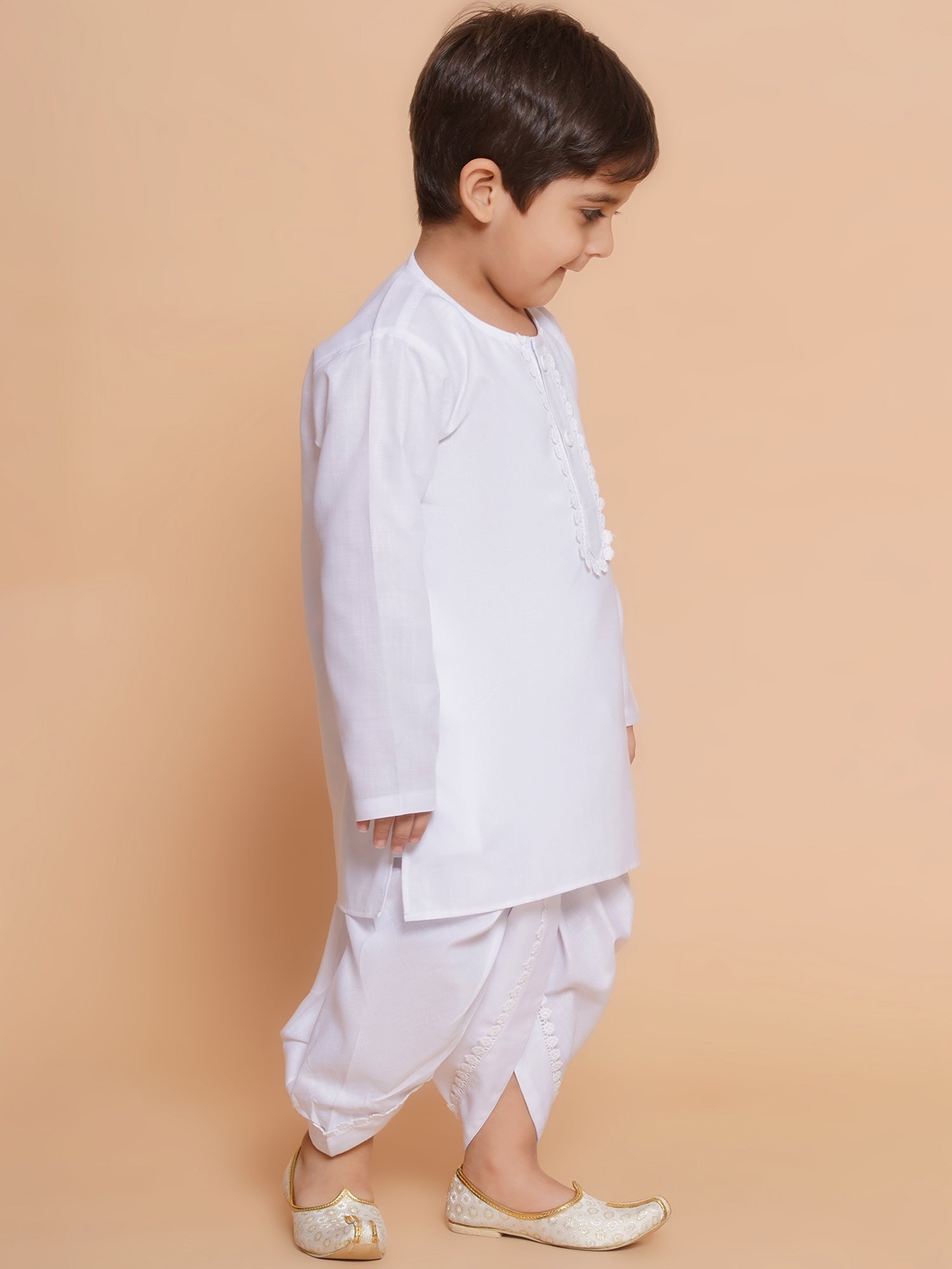 Boys White Solid Pure Cotton Dhoti Kurta Set for Festivals - AJ Dezines