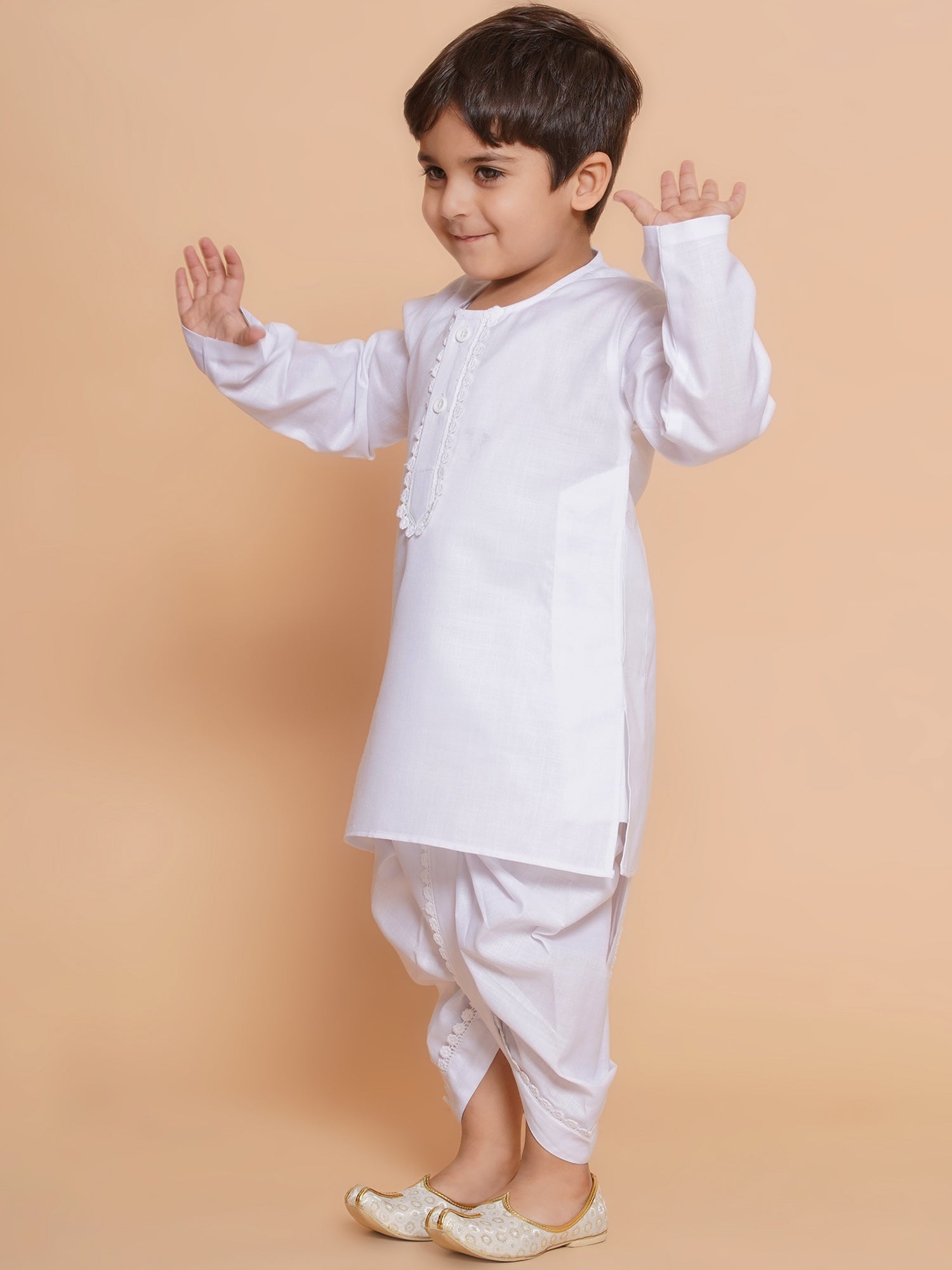 Boys White Solid Pure Cotton Dhoti Kurta Set for Festivals - AJ Dezines
