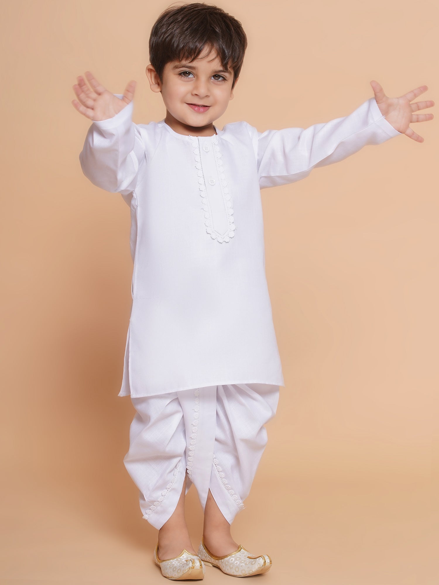 Boys White Solid Pure Cotton Dhoti Kurta Set for Festivals - AJ Dezines