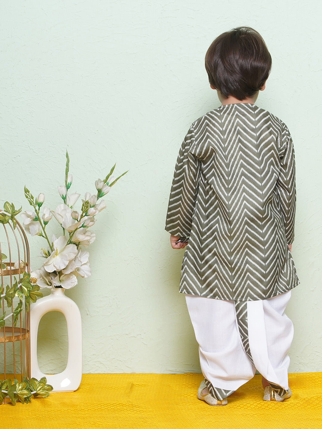 Kids Boys Green Zig Zag Pure Cotton Dhoti Set - AJ Dezines