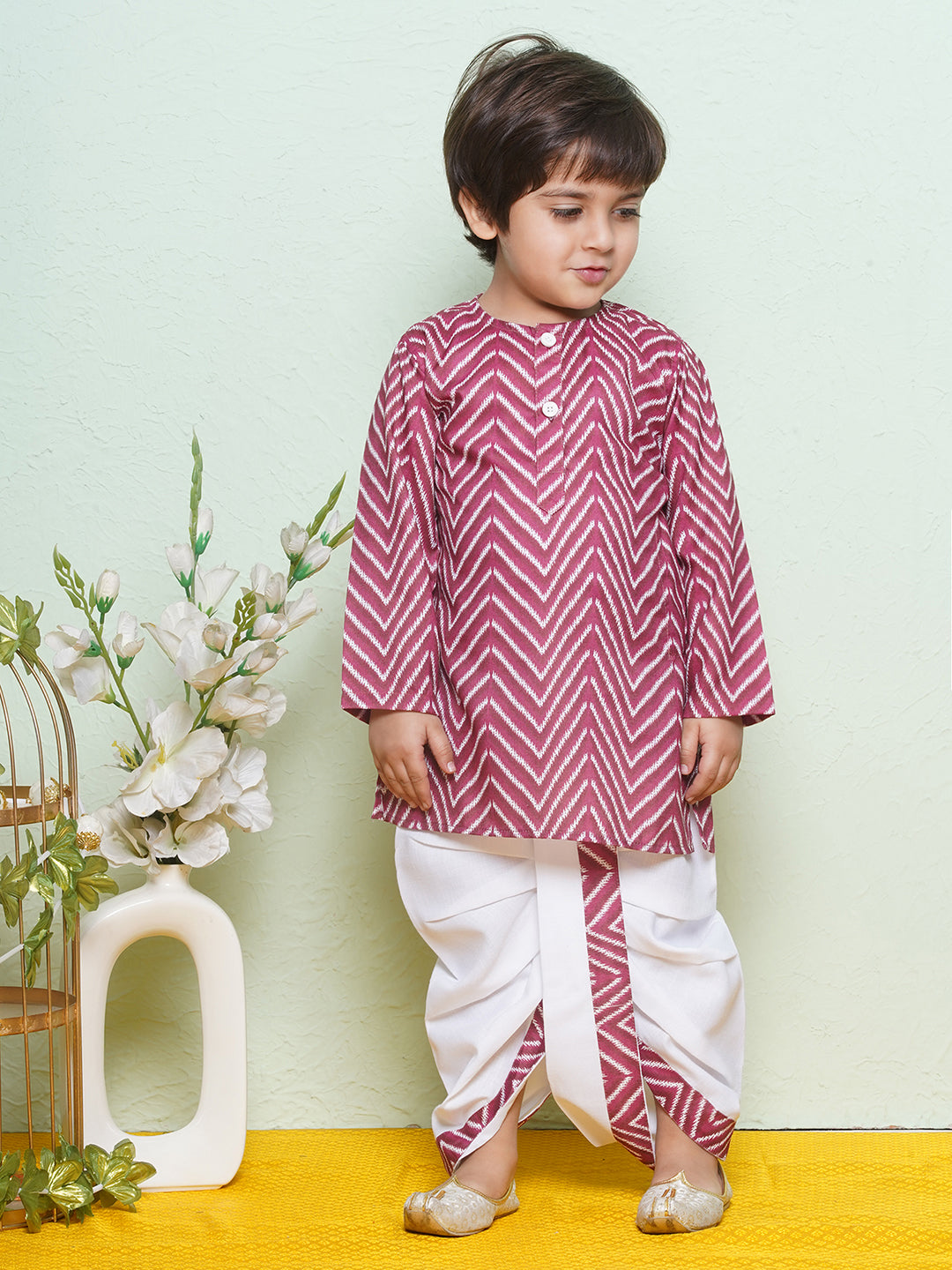 Kids Boys Maroon Zig Zag Pure Cotton Dhoti Set - AJ Dezines