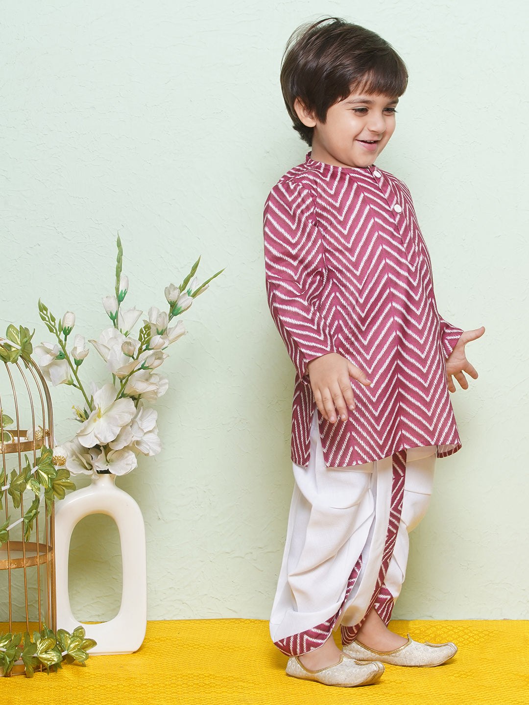 Kids Boys Maroon Zig Zag Pure Cotton Dhoti Set - AJ Dezines