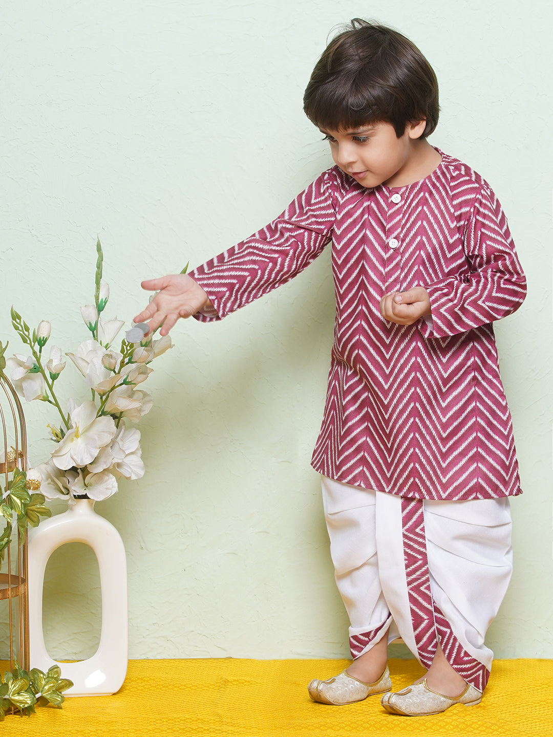 Kids Boys Maroon Zig Zag Pure Cotton Dhoti Set - AJ Dezines
