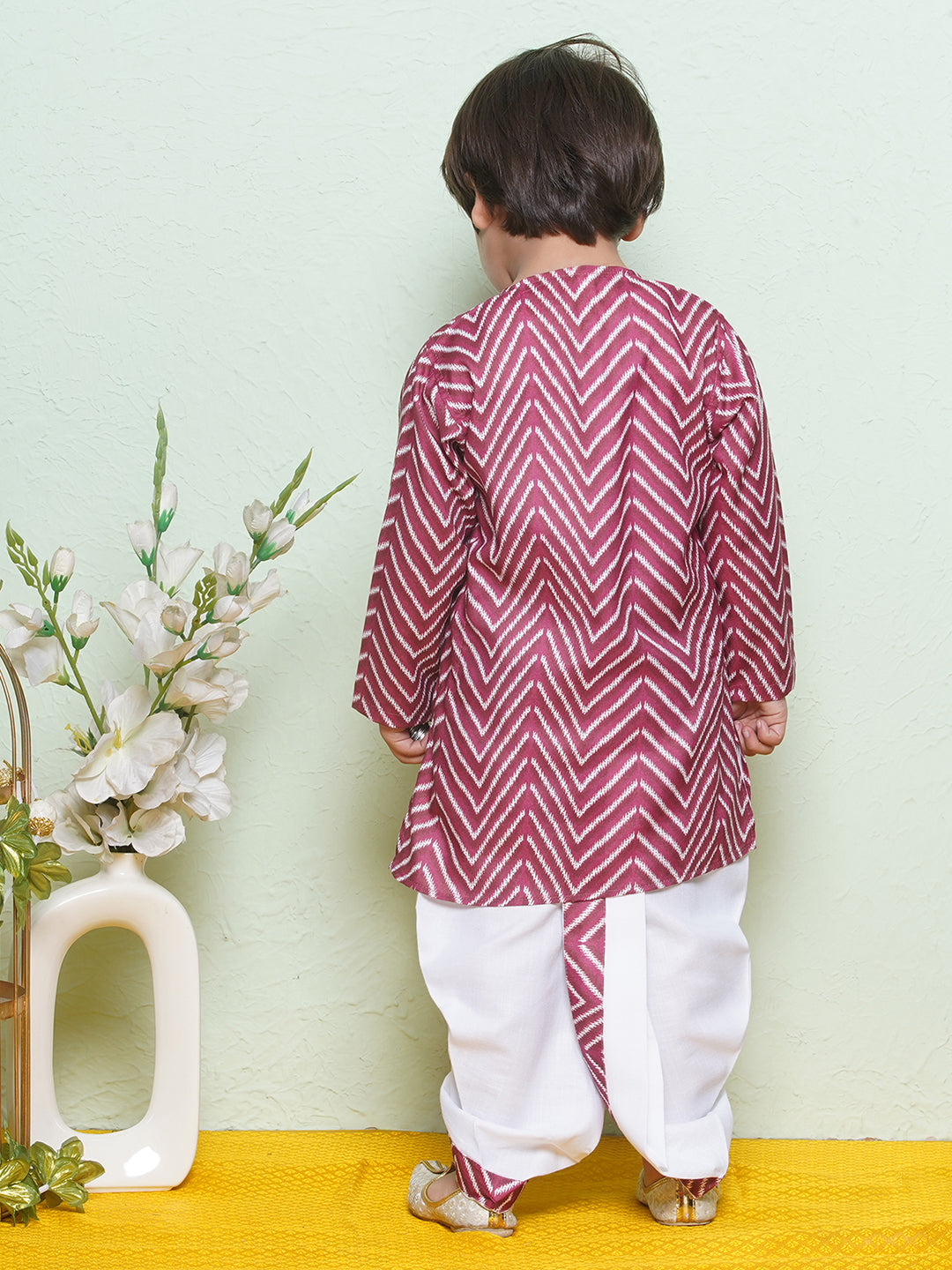 Kids Boys Maroon Zig Zag Pure Cotton Dhoti Set - AJ Dezines