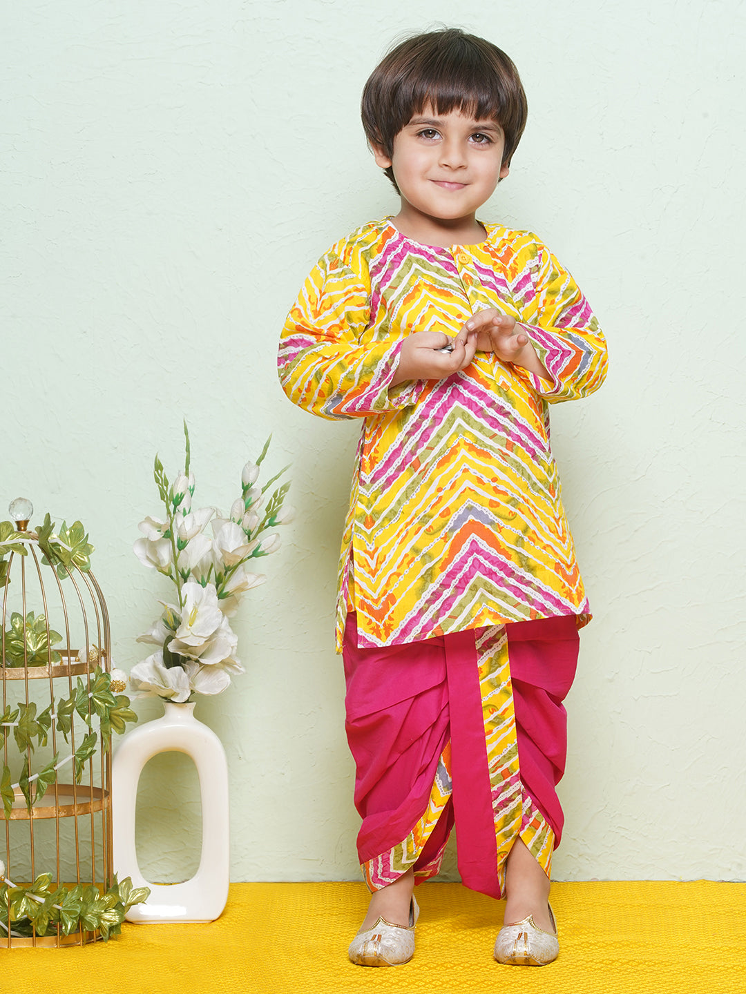 Kids Boys Pink Printed Pure Cotton Dhoti Set - AJ Dezines