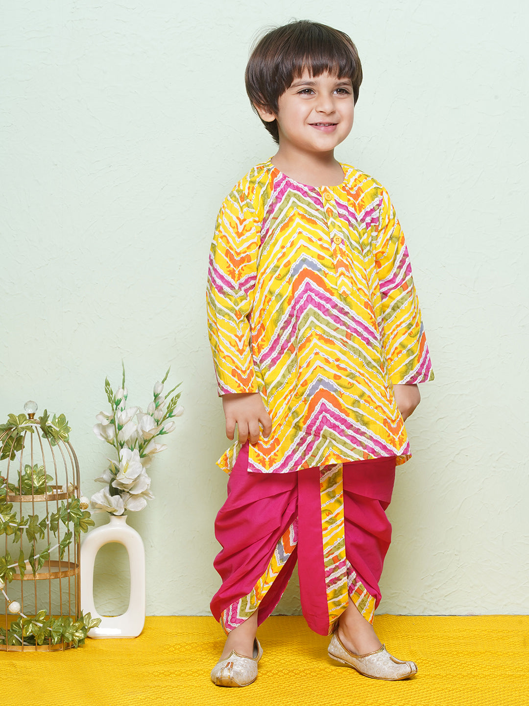 Kids Boys Pink Printed Pure Cotton Dhoti Set - AJ Dezines