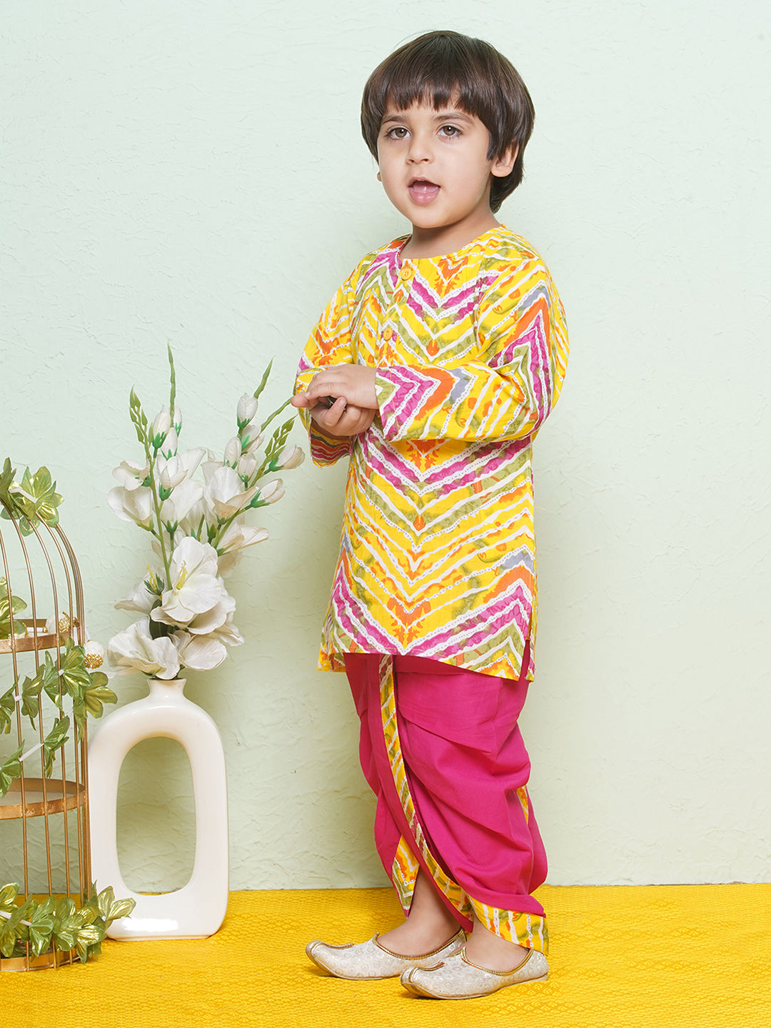 Kids Boys Pink Printed Pure Cotton Dhoti Set - AJ Dezines
