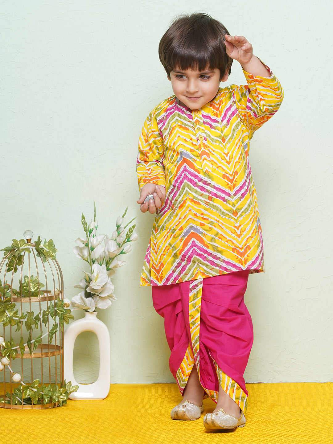 Kids Boys Pink Printed Pure Cotton Dhoti Set - AJ Dezines