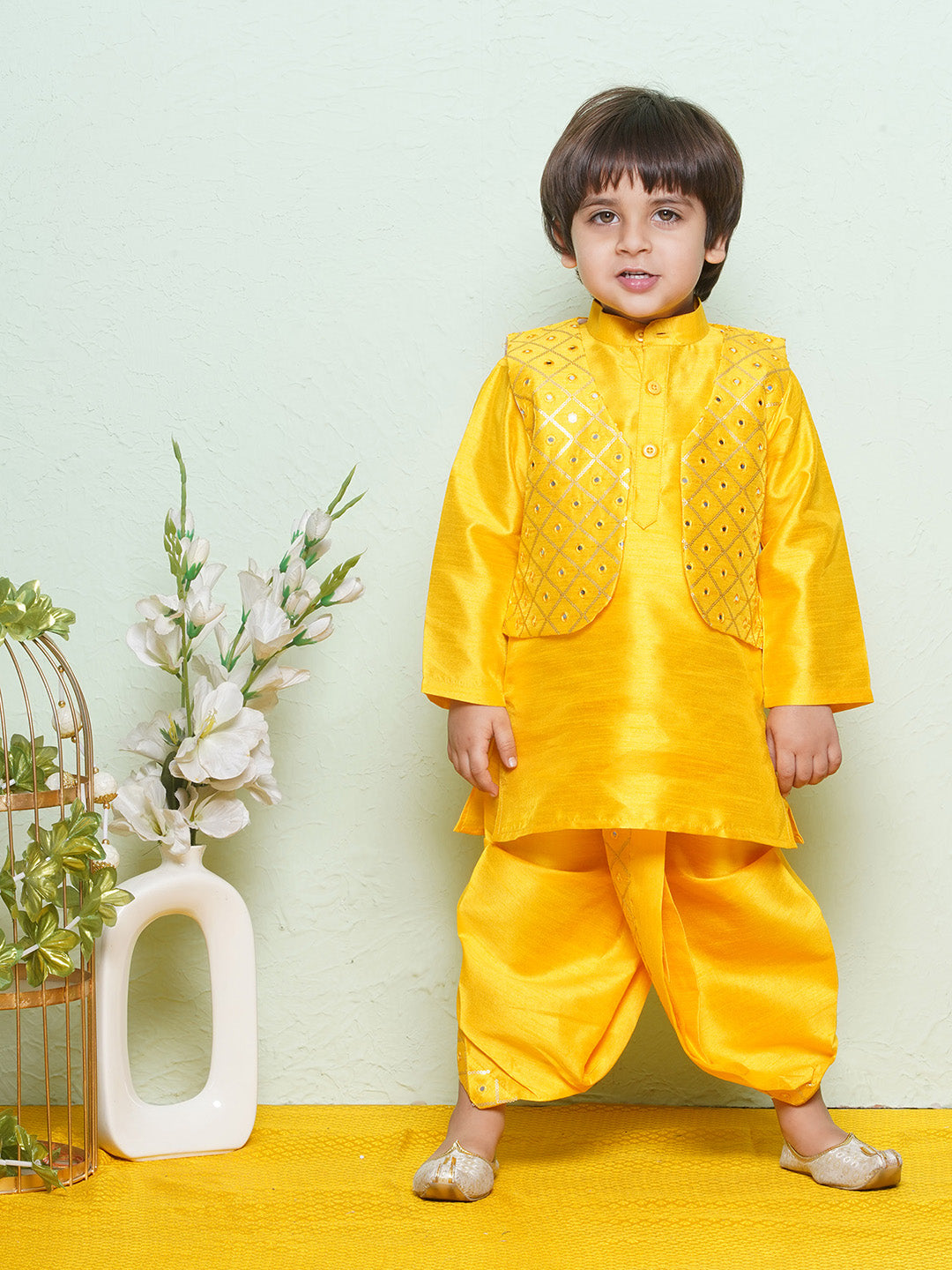 Kids Boys Mustard Mirror Embroidery Cotton Blend Dhoti Set - AJ Dezines
