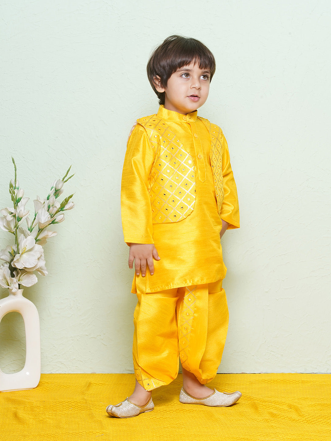 Kids Boys Mustard Mirror Embroidery Cotton Blend Dhoti Set - AJ Dezines