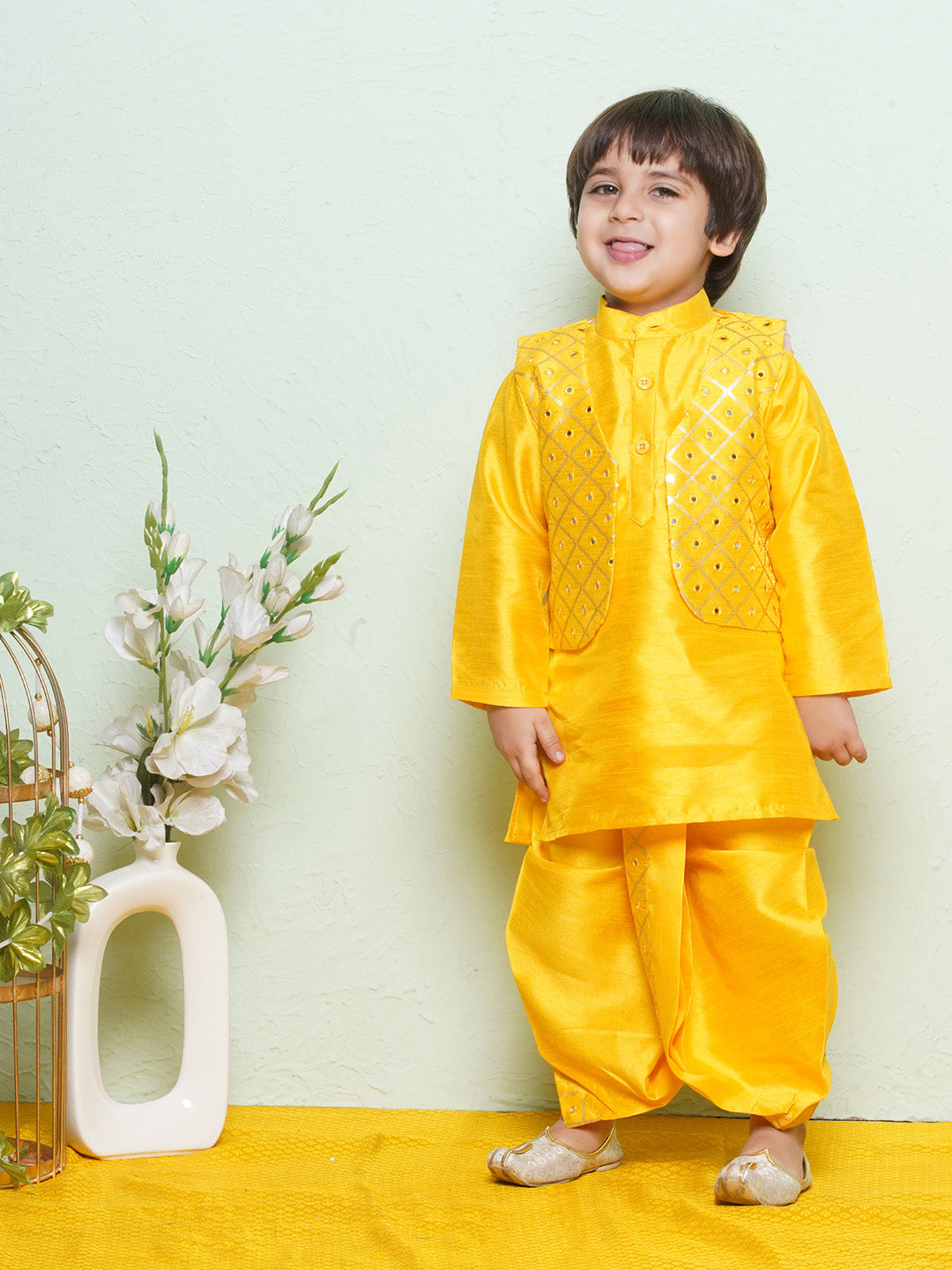 Kids Boys Mustard Mirror Embroidery Cotton Blend Dhoti Set - AJ Dezines