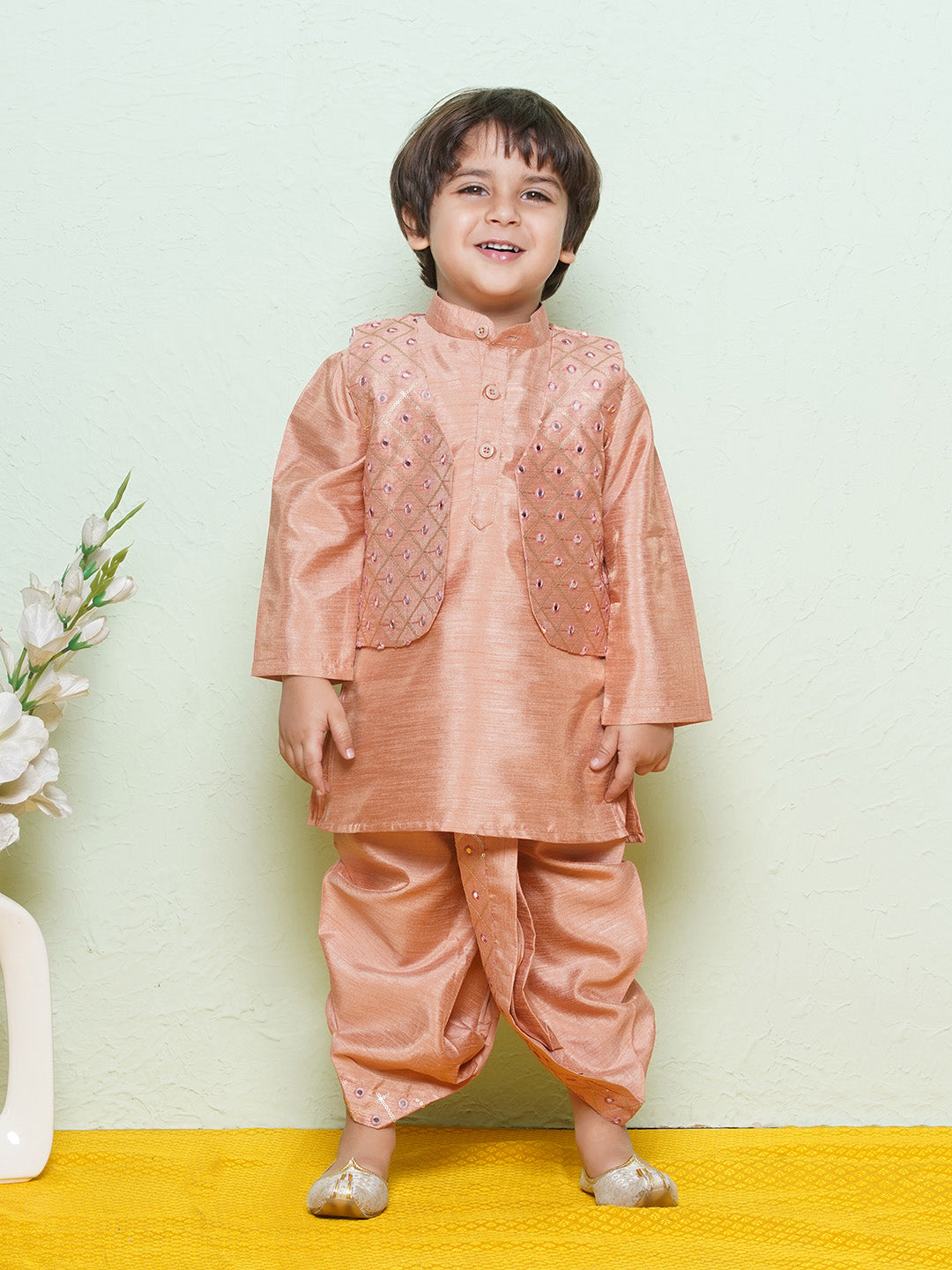 Kids Boys Peach Mirror Embroidery Cotton Blend Dhoti Set - AJ Dezines