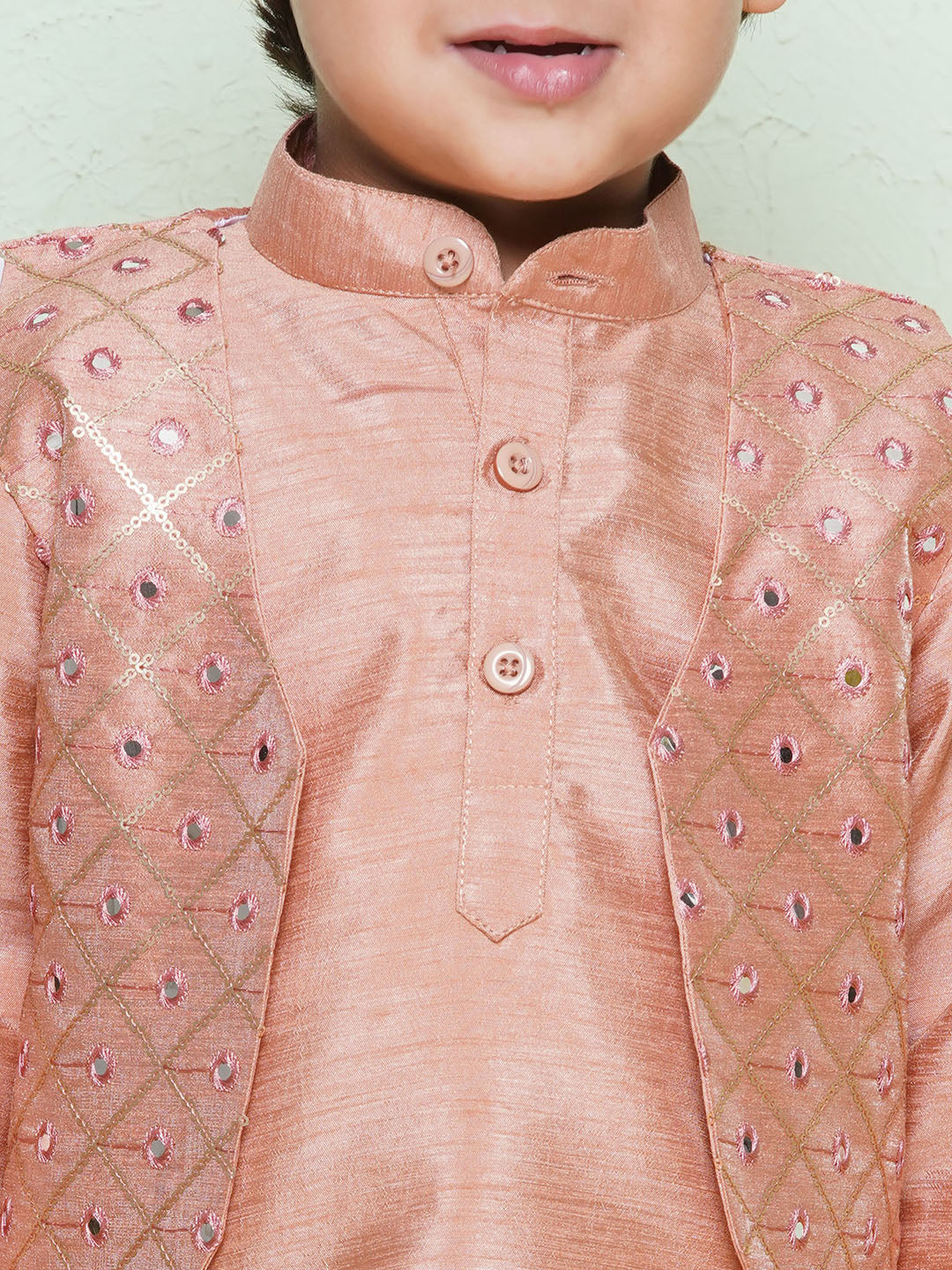 Kids Boys Peach Mirror Embroidery Cotton Blend Dhoti Set - AJ Dezines