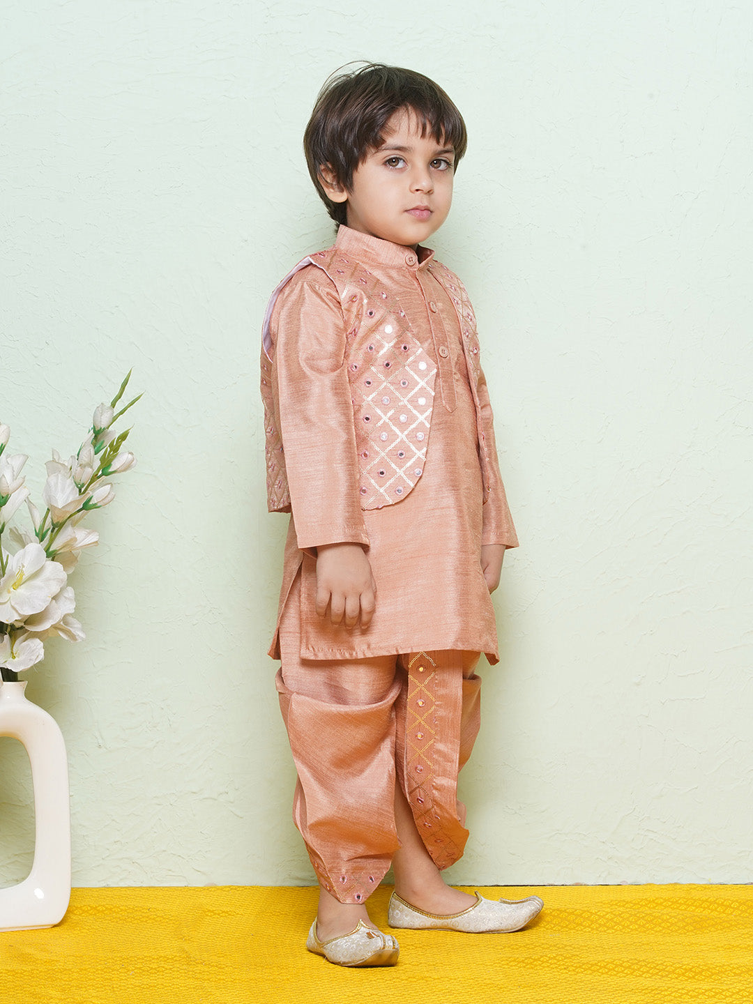Kids Boys Peach Mirror Embroidery Cotton Blend Dhoti Set - AJ Dezines