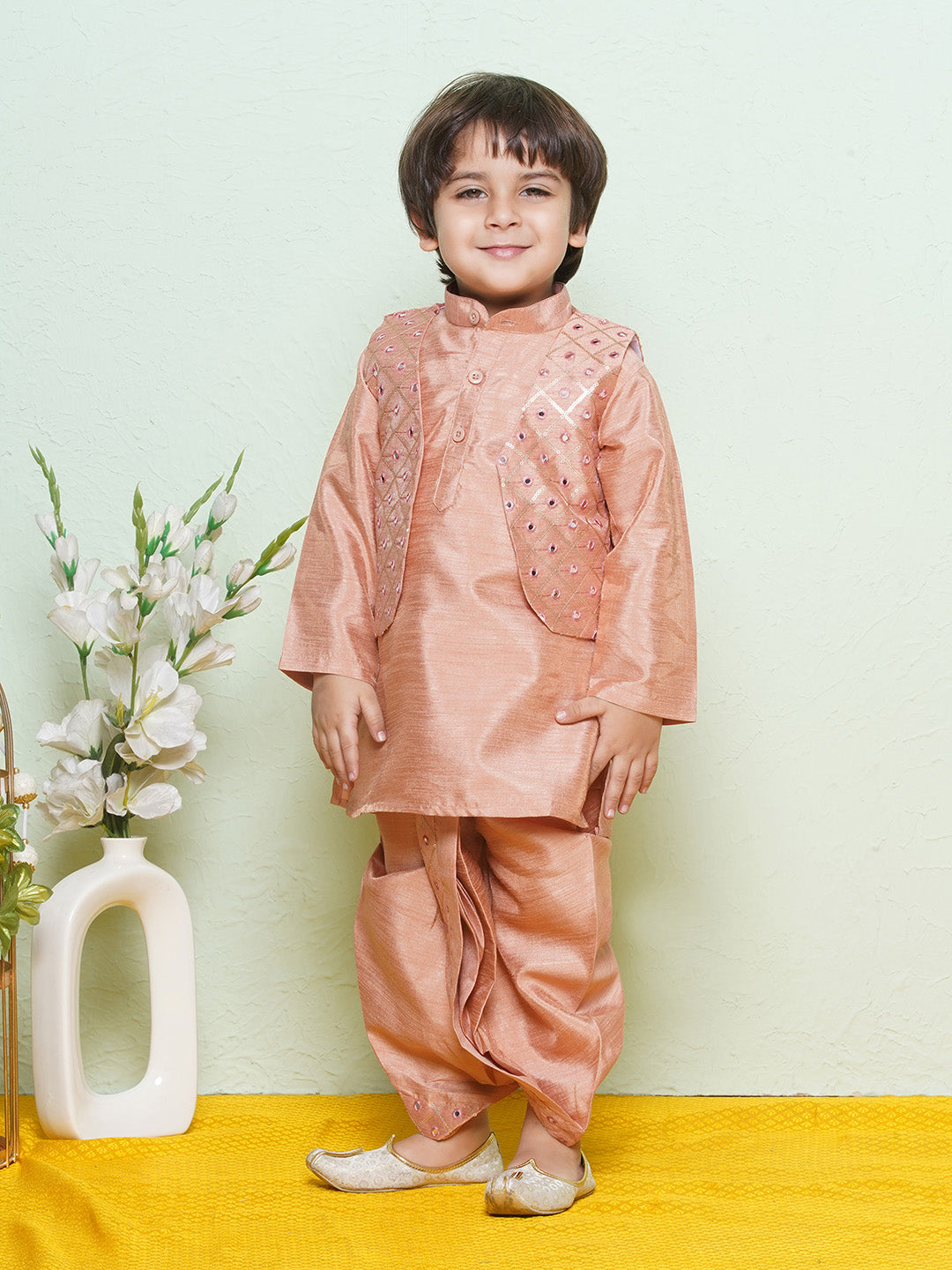 Kids Boys Peach Mirror Embroidery Cotton Blend Dhoti Set - AJ Dezines