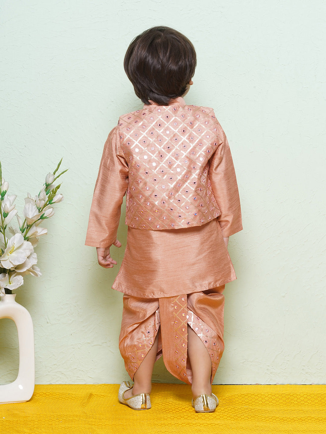 Kids Boys Peach Mirror Embroidery Cotton Blend Dhoti Set - AJ Dezines