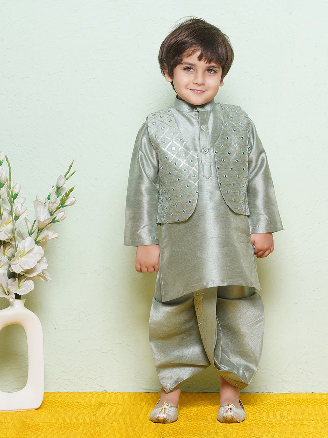 Kids Boys Green Mirror Embroidery Cotton Blend Dhoti Set - AJ Dezines