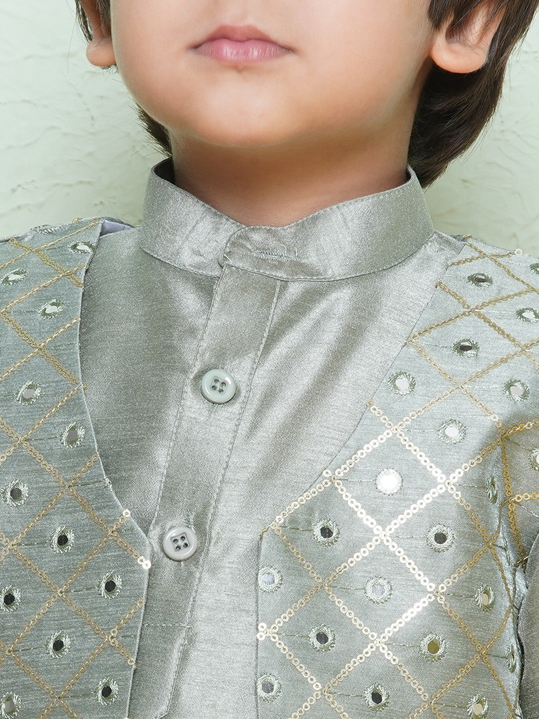 Kids Boys Green Mirror Embroidery Cotton Blend Dhoti Set - AJ Dezines
