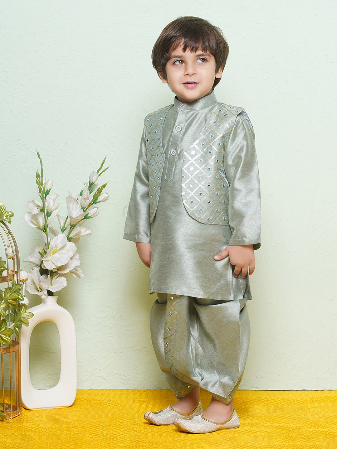 Kids Boys Green Mirror Embroidery Cotton Blend Dhoti Set - AJ Dezines