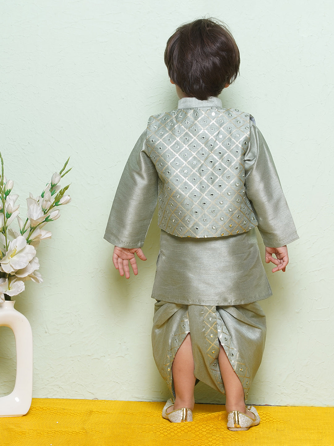 Kids Boys Green Mirror Embroidery Cotton Blend Dhoti Set - AJ Dezines