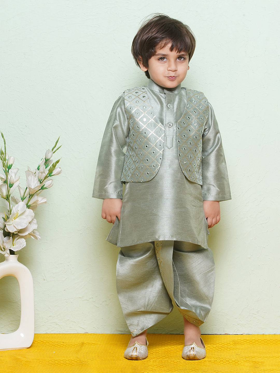 Kids Boys Green Mirror Embroidery Cotton Blend Dhoti Set - AJ Dezines