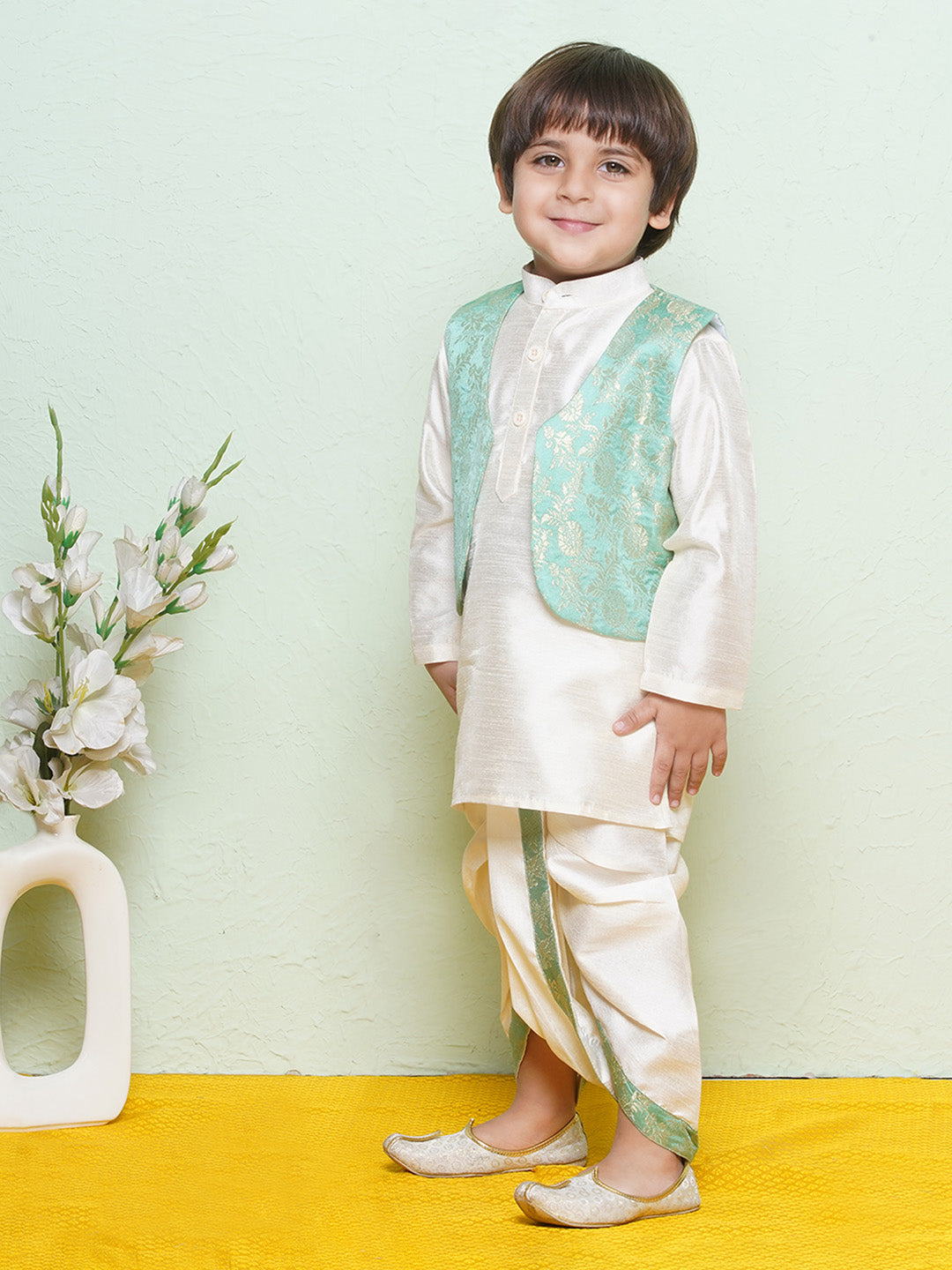 Kids Boys Green Floral Print Cotton Blend Dhoti Set - AJ Dezines