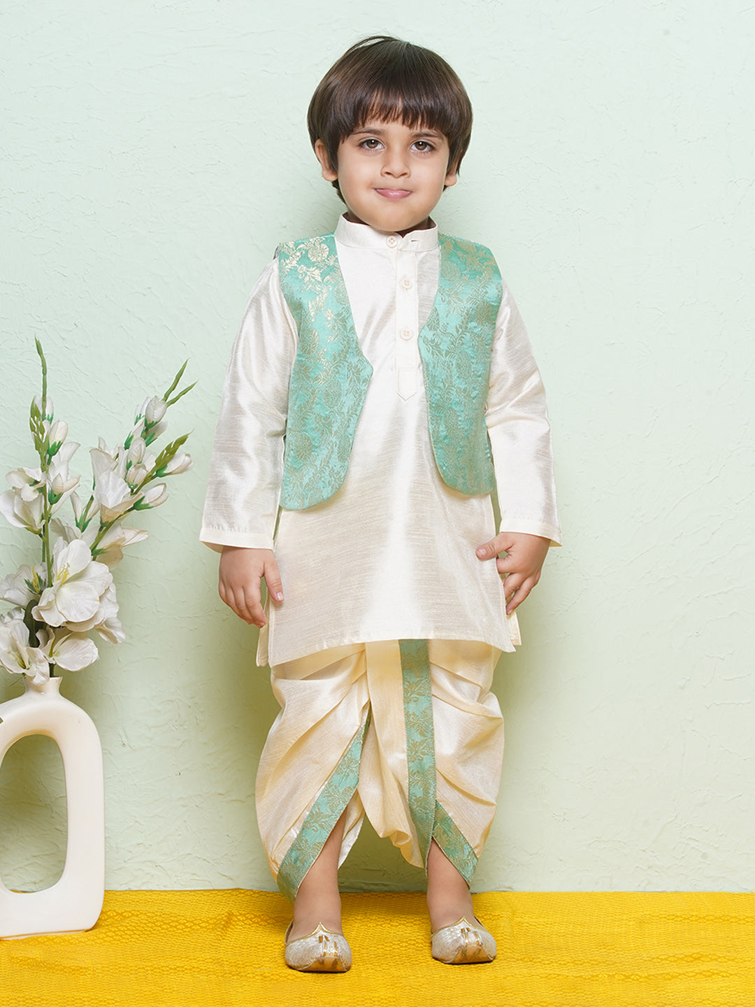 Kids Boys Green Floral Print Cotton Blend Dhoti Set - AJ Dezines